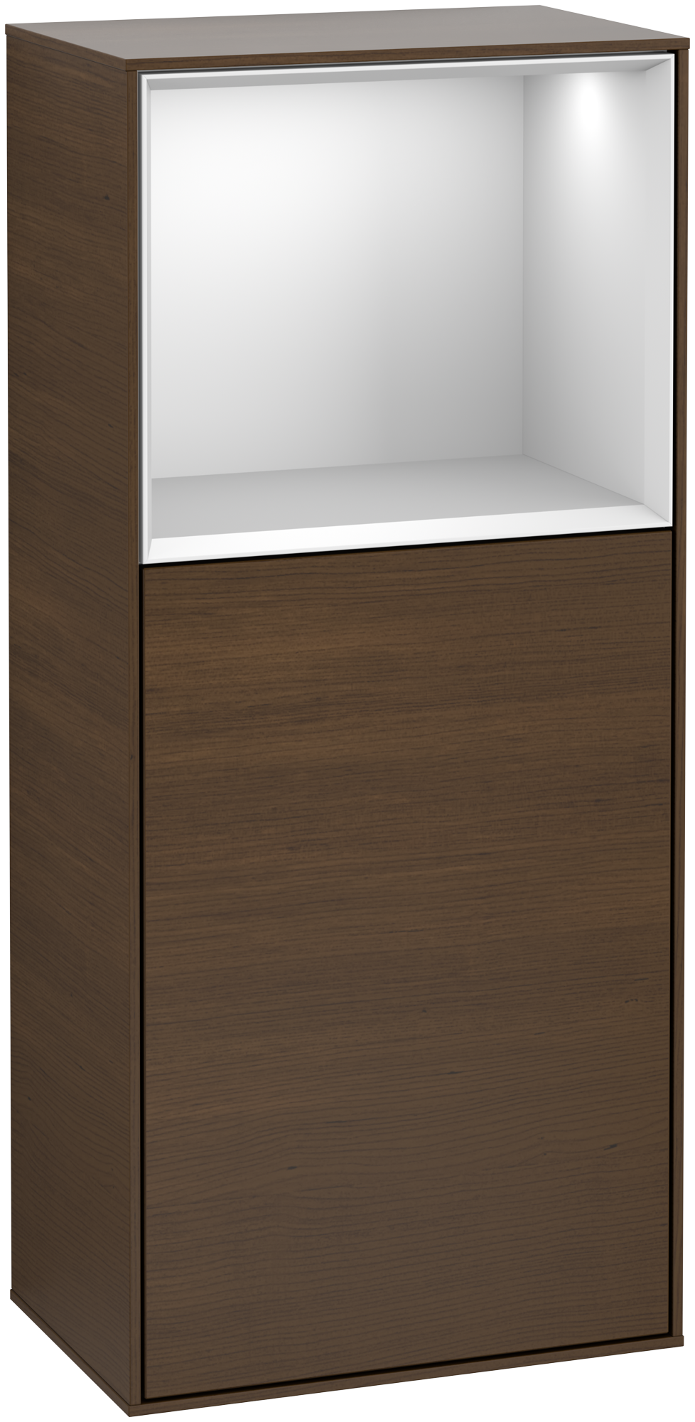 Villeroy & Boch Finion Side cabinet, with lighting, 1 door, 418x936x270mm, Body: Walnut Veneer, Front: Walnut Veneer, Shelf: White Matt Lacquer