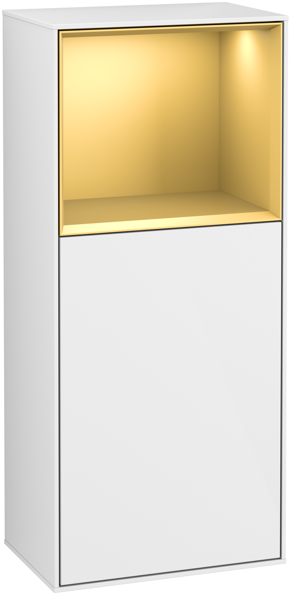 Villeroy & Boch Finion Seitenschrank, mit Beleuchtung, 1 Tür, 418x936x270mm, Korpus: Glossy White Lacquer, Front: Glossy White Lacquer, Regalelement: Gold Matt Lacquer