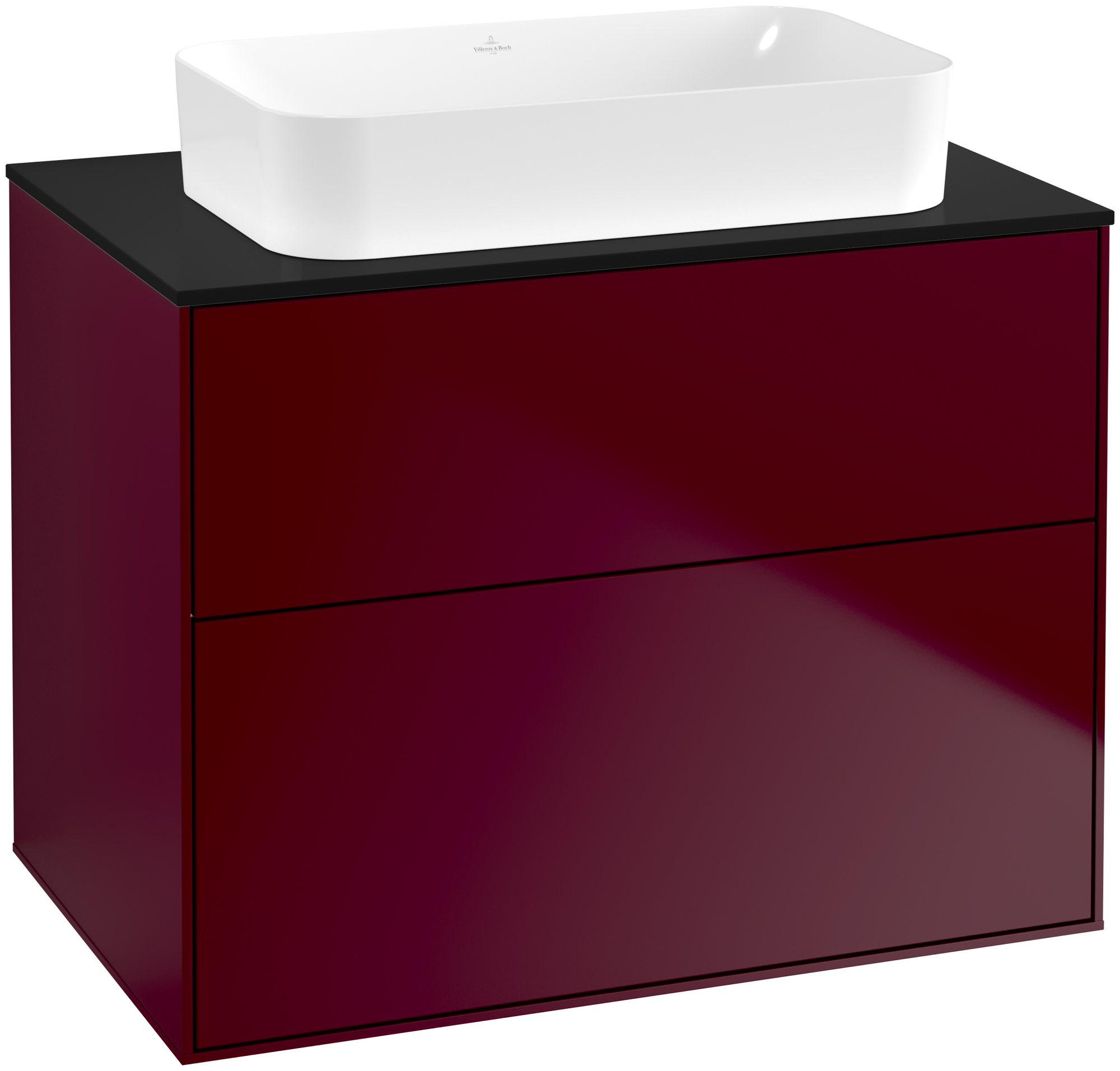Villeroy & Boch Finion Waschbeckenunterschrank, 2 Auszüge, 800x603x501mm, Korpus: Peony Matt Lacquer, Front: Peony Matt Lacquer, Abdeckplatte: Glass Black Matt