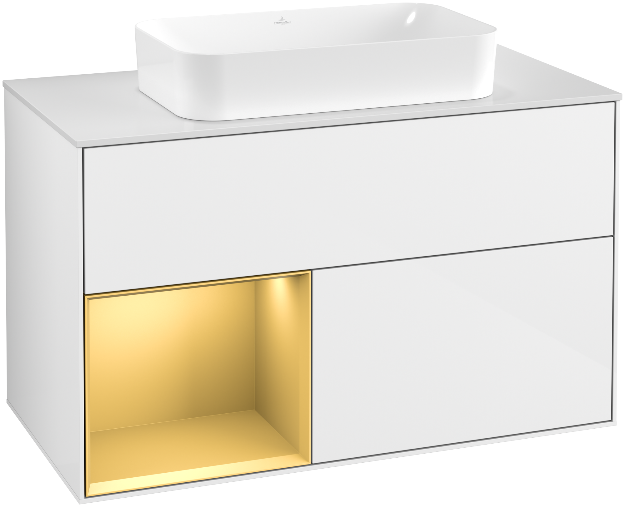 Villeroy & Boch Finion Waschbeckenunterschrank, mit Beleuchtung, 2 Auszüge, 1000x603x501mm, Korpus: Glossy White Lacquer, Front: Glossy White Lacquer, Regalelement: Gold Matt Lacquer, Abdeckplatte: Glass White Matt