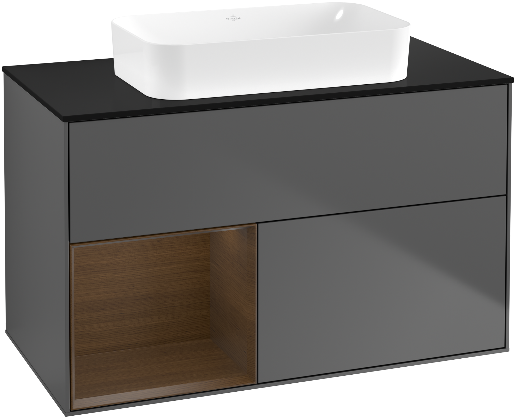 Villeroy & Boch Finion Waschbeckenunterschrank, mit Beleuchtung, 2 Auszüge, 1000x603x501mm, Korpus: Anthracite Matt Lacquer, Front: Anthracite Matt Lacquer, Regalelement: Walnut Veneer, Abdeckplatte: Glass Black Matt
