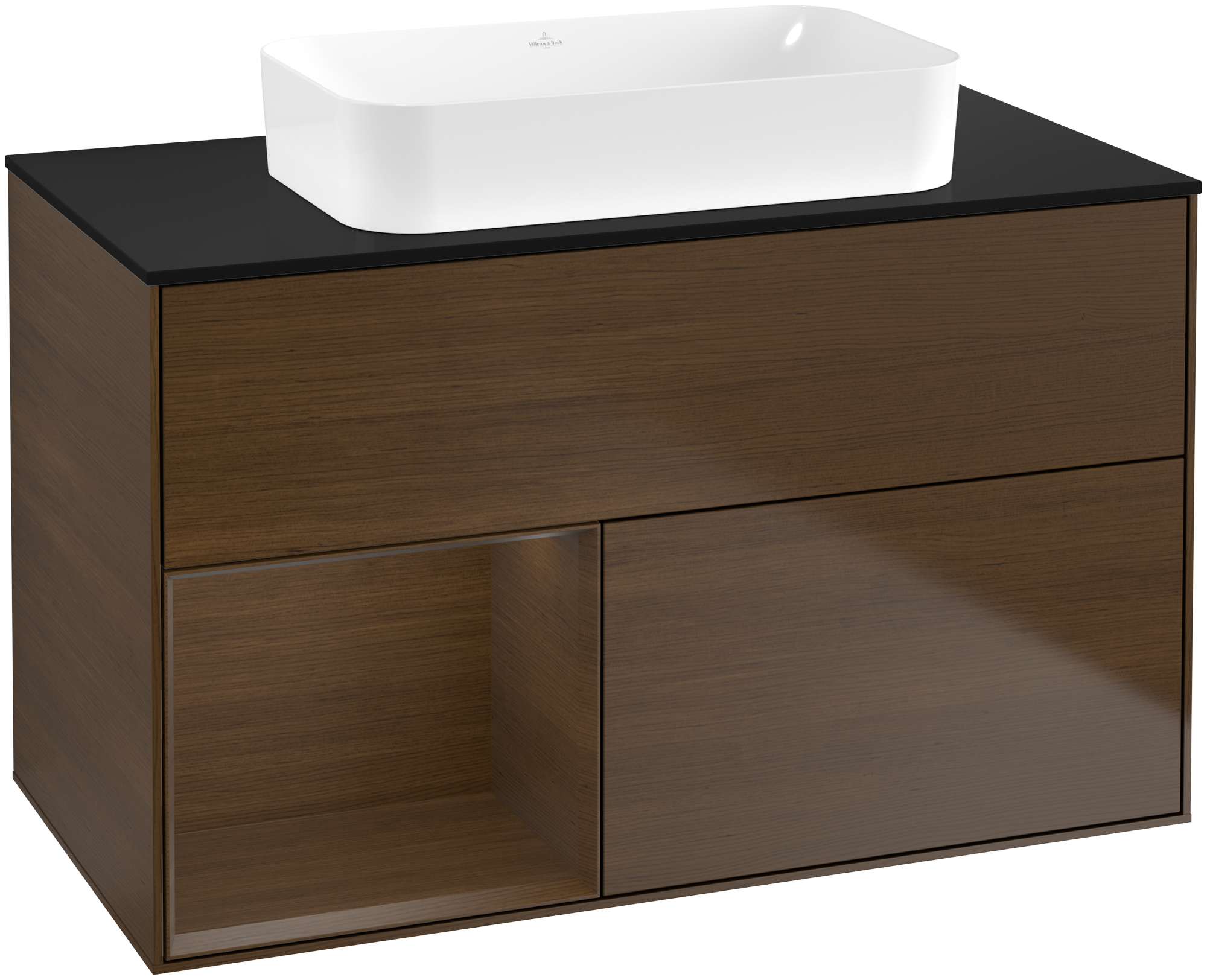 Villeroy & Boch Finion Waschbeckenunterschrank, mit Beleuchtung, 2 Auszüge, 1000x603x501mm, Korpus: Walnut Veneer, Front: Walnut Veneer, Regalelement: Walnut Veneer, Abdeckplatte: Glass Black Matt