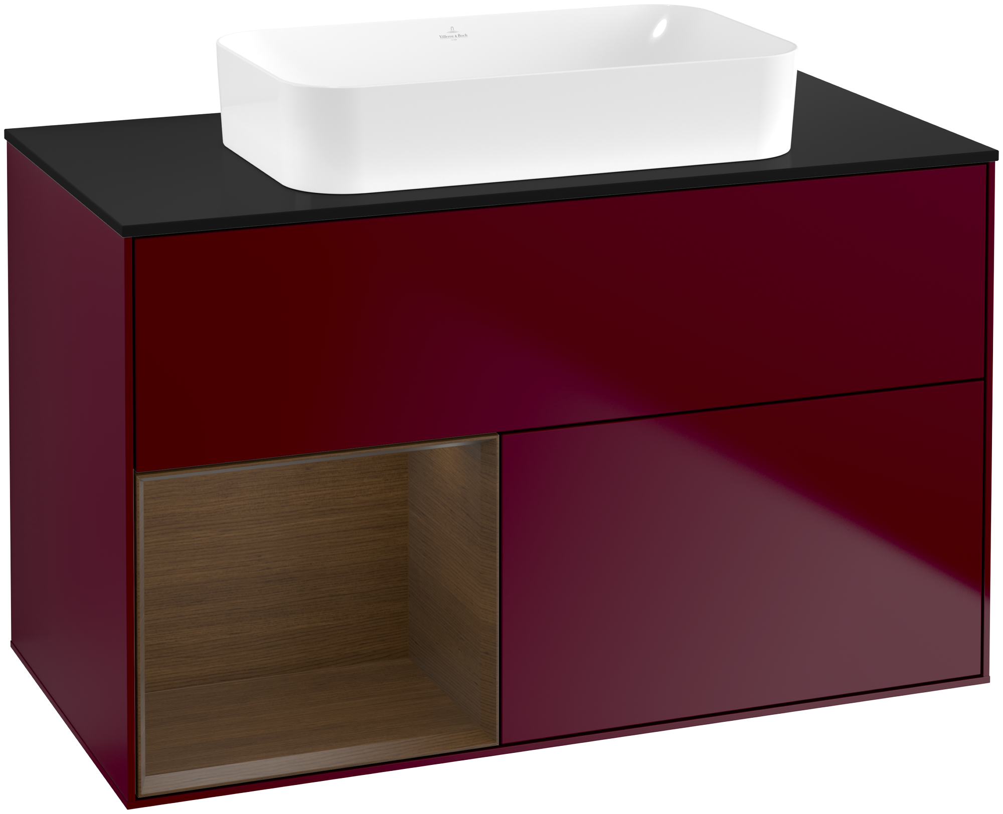 Villeroy & Boch Finion Waschbeckenunterschrank, mit Beleuchtung, 2 Auszüge, 1000x603x501mm, Korpus: Peony Matt Lacquer, Front: Peony Matt Lacquer, Regalelement: Walnut Veneer, Abdeckplatte: Glass Black Matt