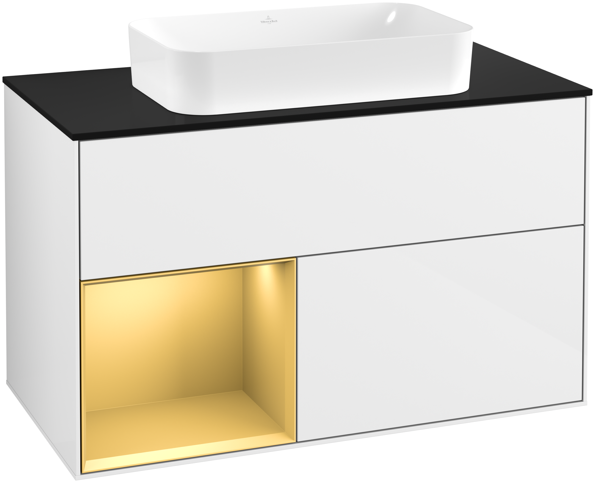 Villeroy & Boch Finion Meuble sous plan, avec éclairage, 2 tiroirs sur rails, 1000x603x501mm, Caisson: Glossy White Lacquer, Façade: Glossy White Lacquer, Élément d’étagère: Gold Matt Lacquer, Plaque de recouvrement: Glass Black Matt