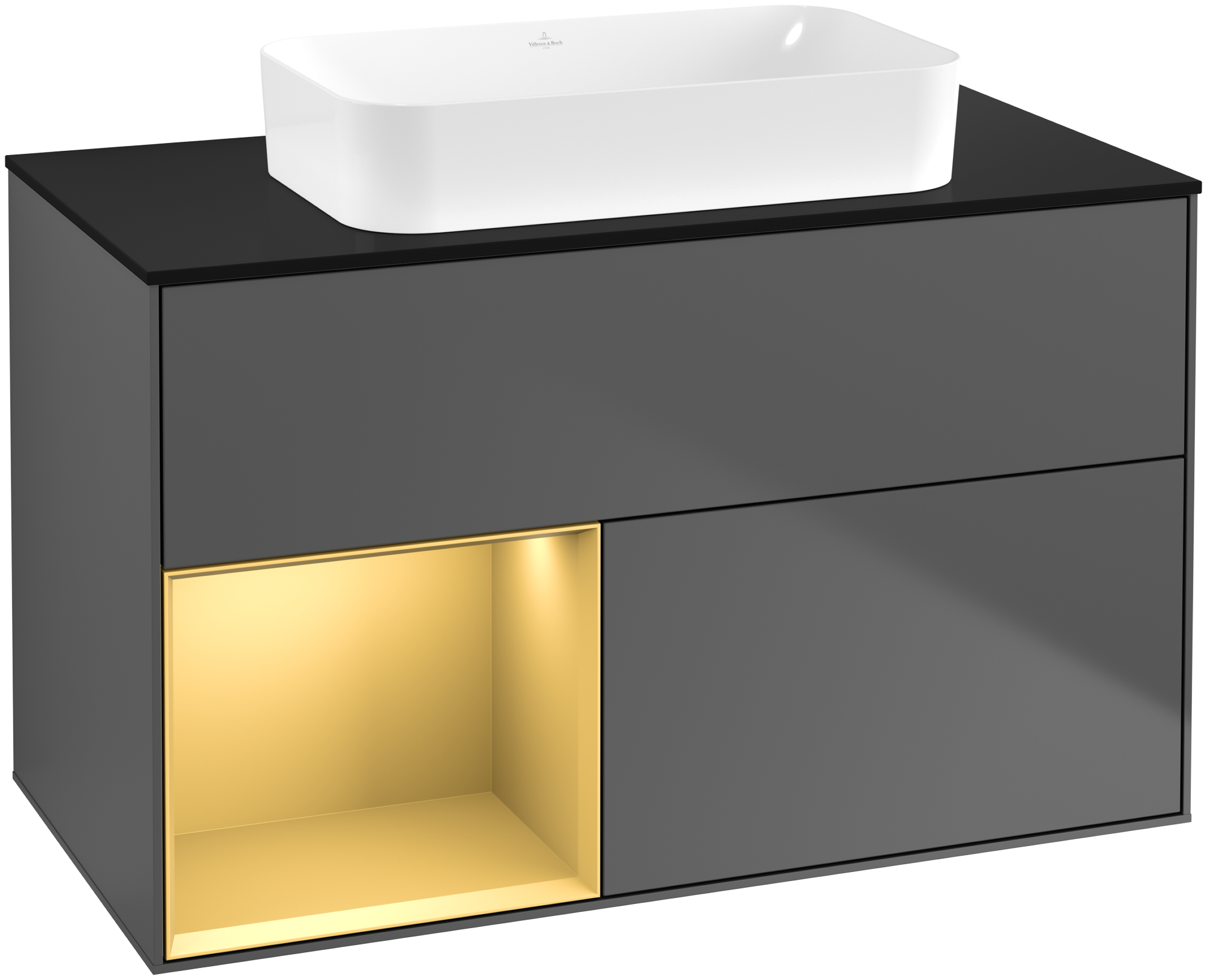 Villeroy & Boch Finion Meuble sous plan, avec éclairage, 2 tiroirs sur rails, 1000x603x501mm, Caisson: Anthracite Matt Lacquer, Façade: Anthracite Matt Lacquer, Élément d’étagère: Gold Matt Lacquer, Plaque de recouvrement: Glass Black Matt