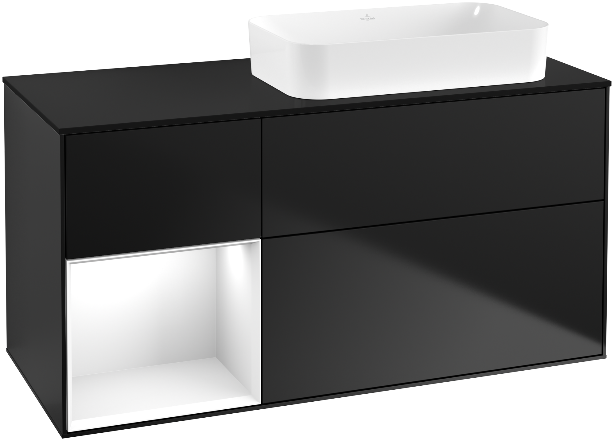 Villeroy & Boch Finion Meuble sous plan, avec éclairage, 3 tiroirs sur rails, 1200x603x501mm, Caisson: Black Matt Lacquer, Façade: Black Matt Lacquer, Élément d’étagère: Glossy White Lacquer, Plaque de recouvrement: Glass Black Matt