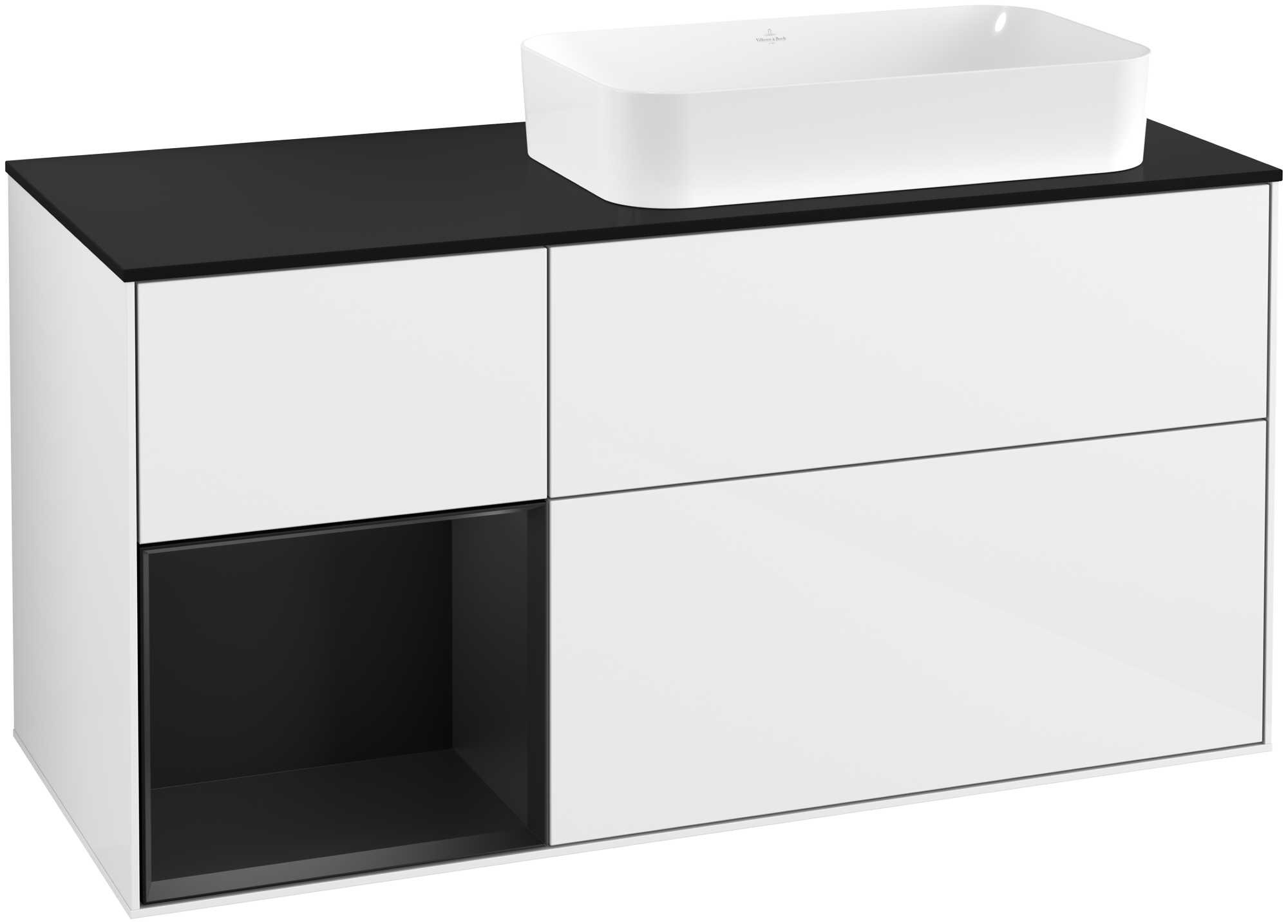 Villeroy & Boch Finion Vanity unit, with lighting, 3 pull-out compartments, 1200x603x501mm, Body: Glossy White Lacquer, Front: Glossy White Lacquer, Shelf: Black Matt Lacquer, Cover plate: Glass Black Matt