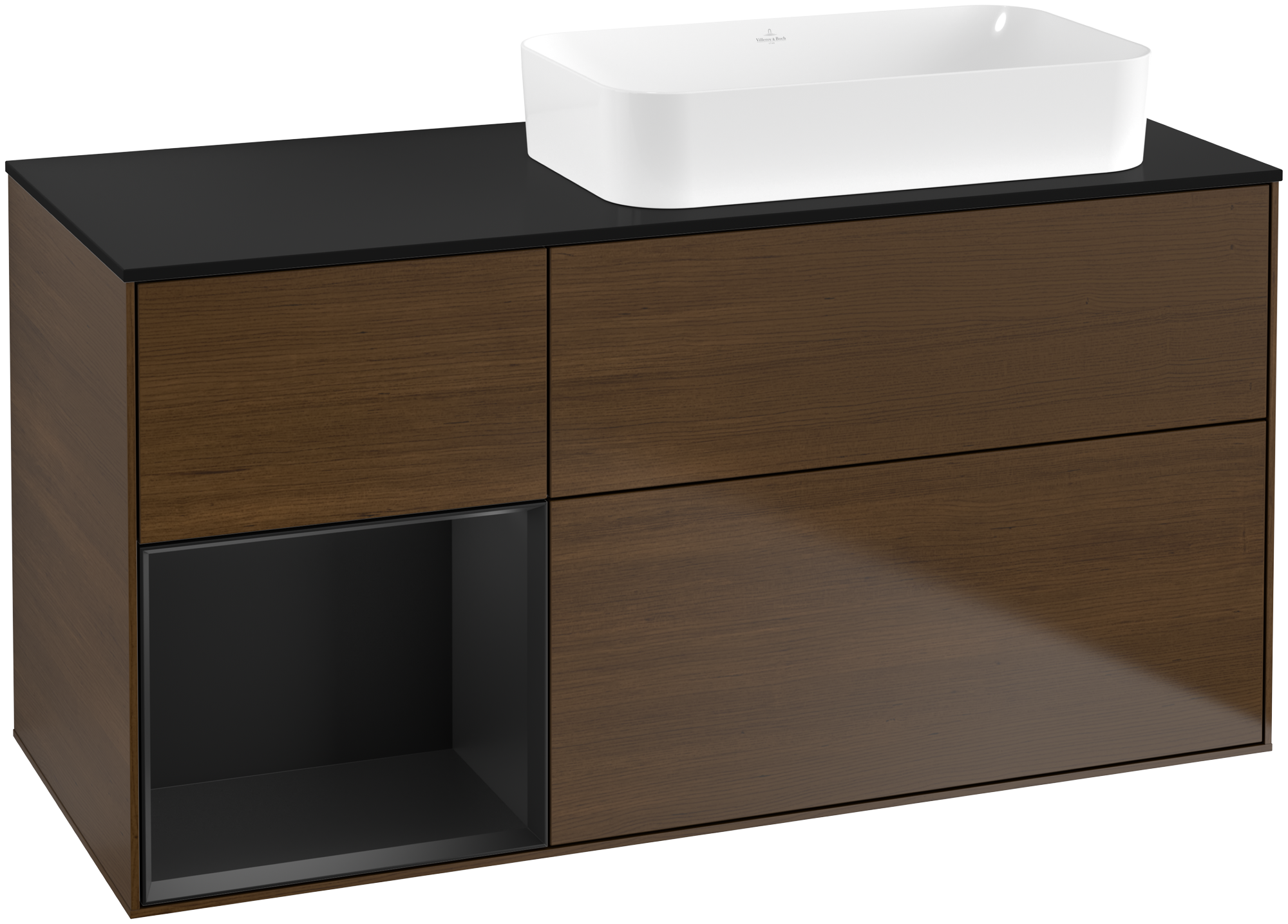 Villeroy & Boch Finion Waschbeckenunterschrank, mit Beleuchtung, 3 Auszüge, 1200x603x501mm, Korpus: Walnut Veneer, Front: Walnut Veneer, Regalelement: Black Matt Lacquer, Abdeckplatte: Glass Black Matt
