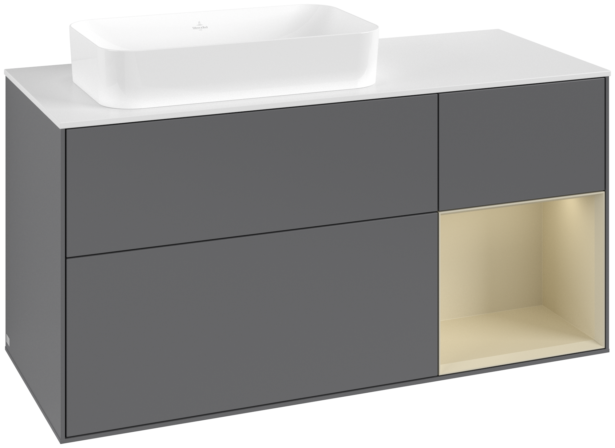 Villeroy & Boch Finion Waschbeckenunterschrank, mit Beleuchtung, 3 Auszüge, 1200x603x501mm, Korpus: Anthracite Matt Lacquer, Front: Anthracite Matt Lacquer, Regalelement: Silk Grey Matt Lacquer, Abdeckplatte: Glass White Matt