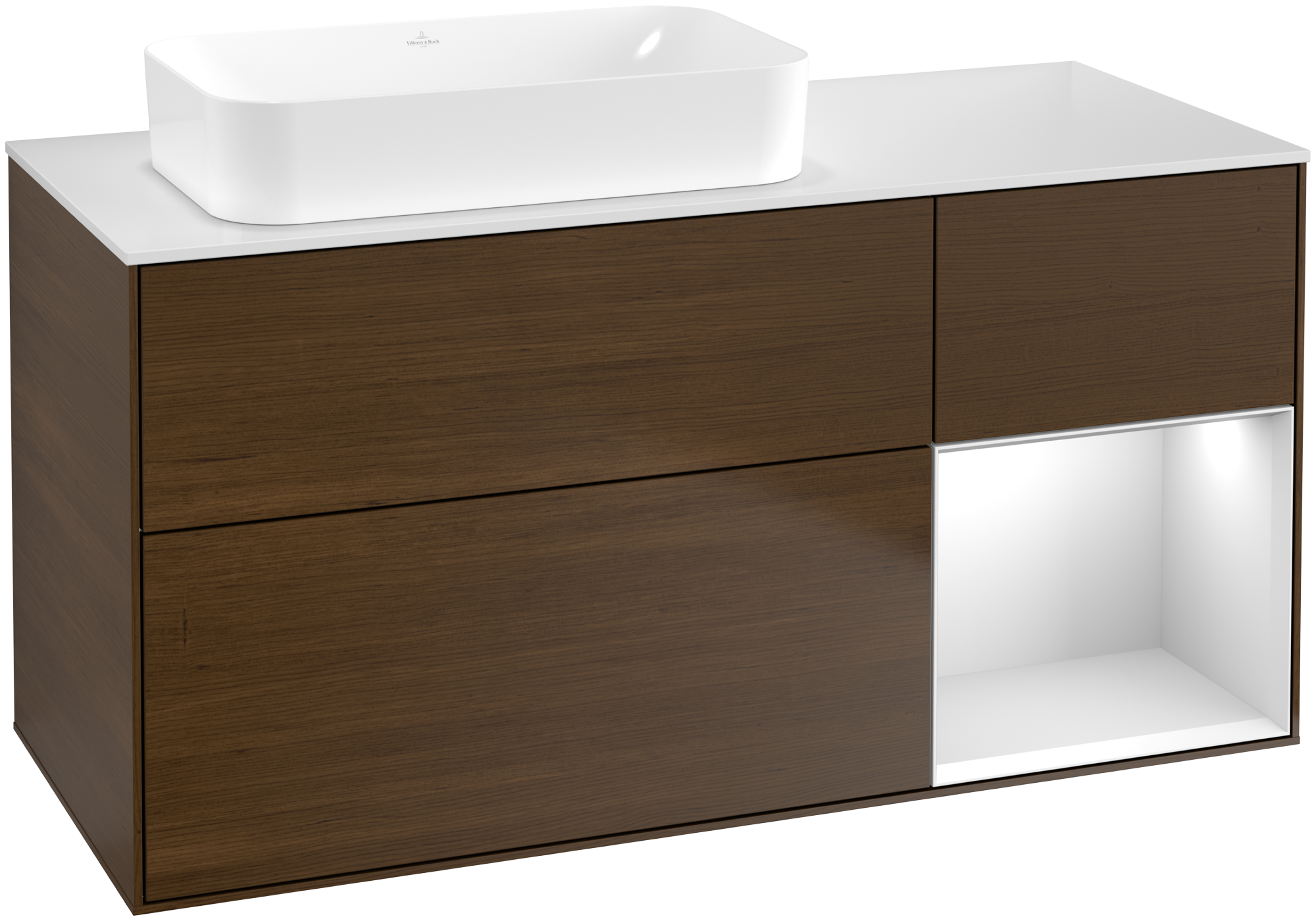 Villeroy & Boch Finion Waschbeckenunterschrank, mit Beleuchtung, 3 Auszüge, 1200x603x501mm, Korpus: Walnut Veneer, Front: Walnut Veneer, Regalelement: White Matt Lacquer, Abdeckplatte: Glass White Matt