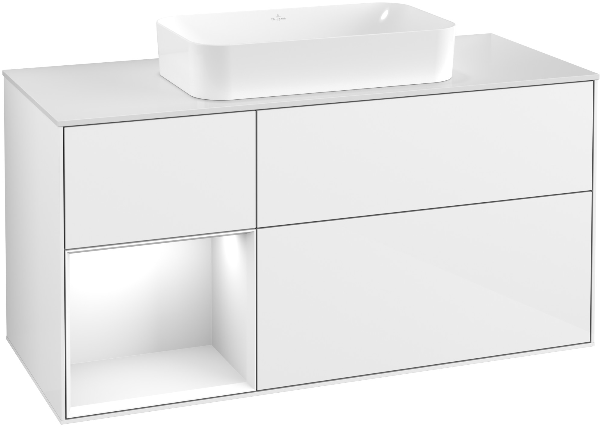 Villeroy & Boch Finion Meuble sous plan, avec éclairage, 3 tiroirs sur rails, 1200x603x501mm, Caisson: Glossy White Lacquer, Façade: Glossy White Lacquer, Élément d’étagère: Glossy White Lacquer, Plaque de recouvrement: Glass White Matt