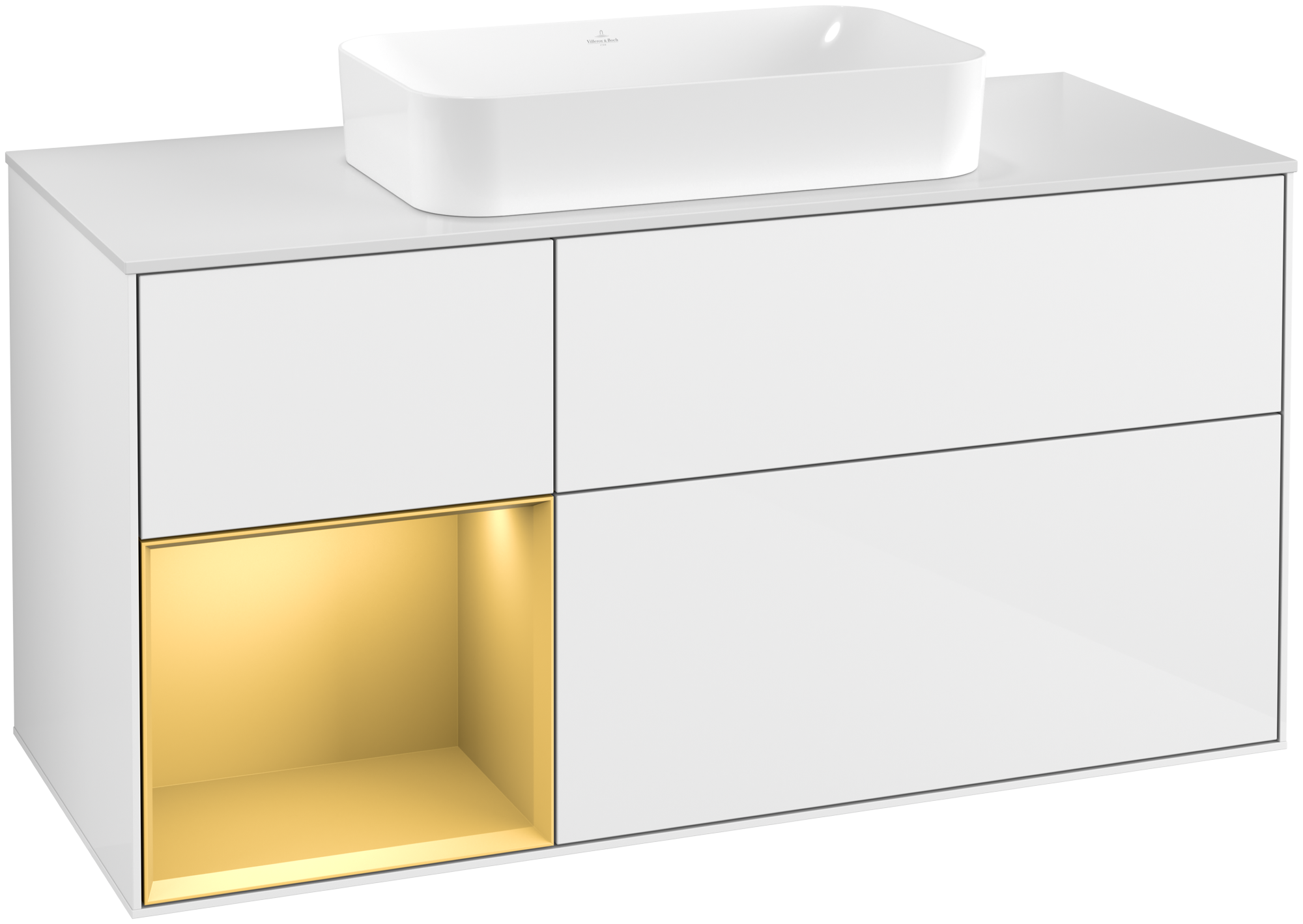 Villeroy & Boch Finion Waschbeckenunterschrank, mit Beleuchtung, 3 Auszüge, 1200x603x501mm, Korpus: Glossy White Lacquer, Front: Glossy White Lacquer, Regalelement: Gold Matt Lacquer, Abdeckplatte: Glass White Matt