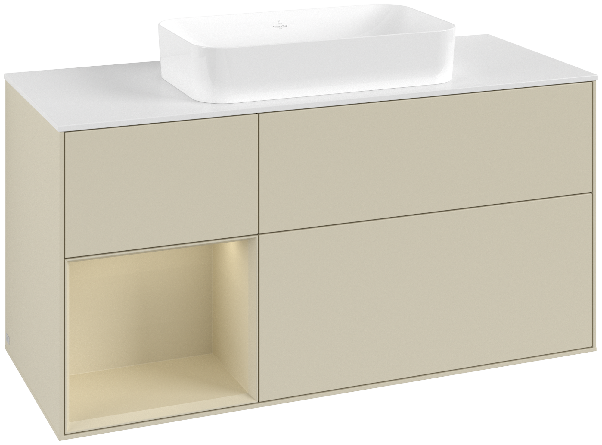 Villeroy & Boch Finion Waschbeckenunterschrank, mit Beleuchtung, 3 Auszüge, 1200x603x501mm, Korpus: Silk Grey Matt Lacquer, Front: Silk Grey Matt Lacquer, Regalelement: Silk Grey Matt Lacquer, Abdeckplatte: Glass White Matt