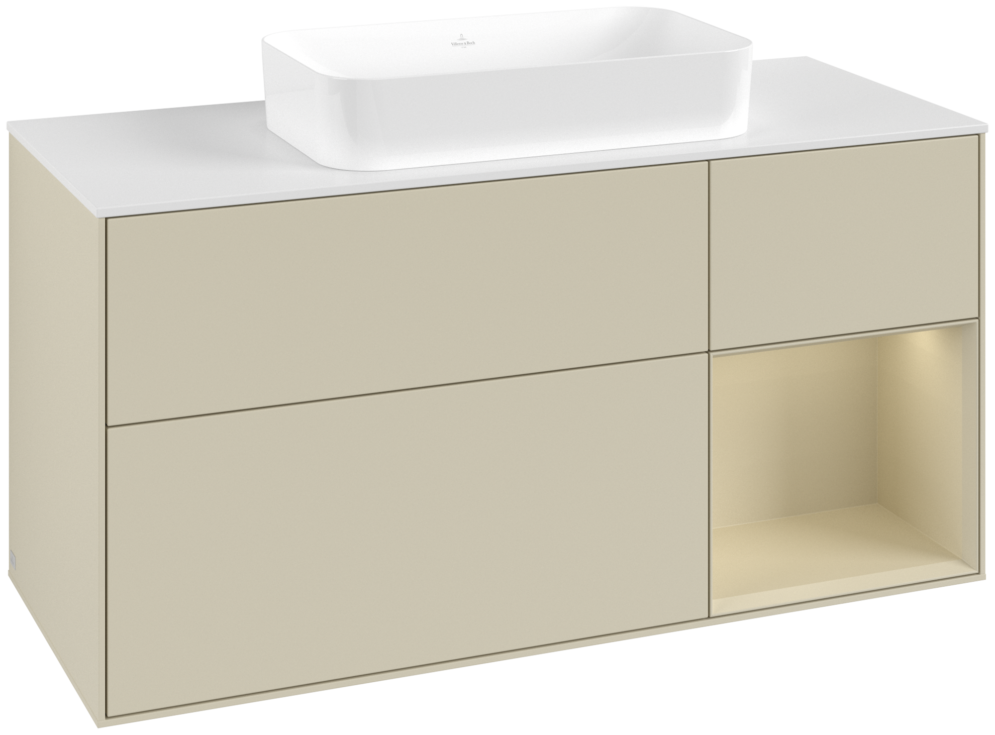 Villeroy & Boch Finion Waschbeckenunterschrank, mit Beleuchtung, 3 Auszüge, 1200x603x501mm, Korpus: Silk Grey Matt Lacquer, Front: Silk Grey Matt Lacquer, Regalelement: Silk Grey Matt Lacquer, Abdeckplatte: Glass White Matt