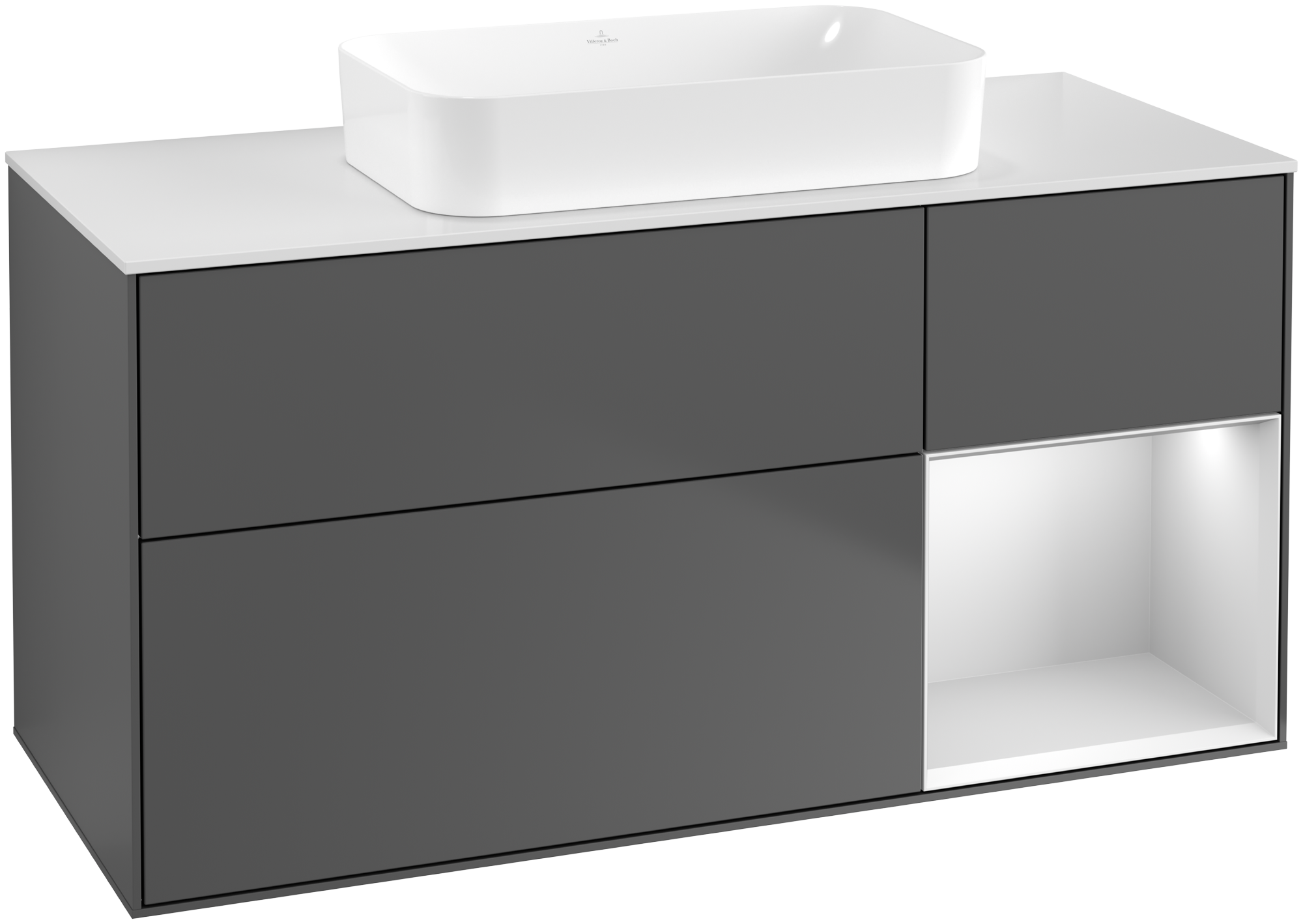 Villeroy & Boch Finion Waschbeckenunterschrank, mit Beleuchtung, 3 Auszüge, 1200x603x501mm, Korpus: Anthracite Matt Lacquer, Front: Anthracite Matt Lacquer, Regalelement: White Matt Lacquer, Abdeckplatte: Glass White Matt