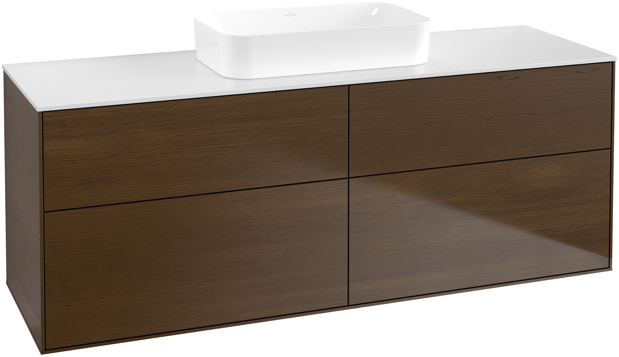 Villeroy & Boch Finion Mobile sottolavabo, 4 vani estraibili, 1600x603x501mm, Corpo: Walnut Veneer, Fronte: Walnut Veneer, Piastra di copertura: Glass White Matt