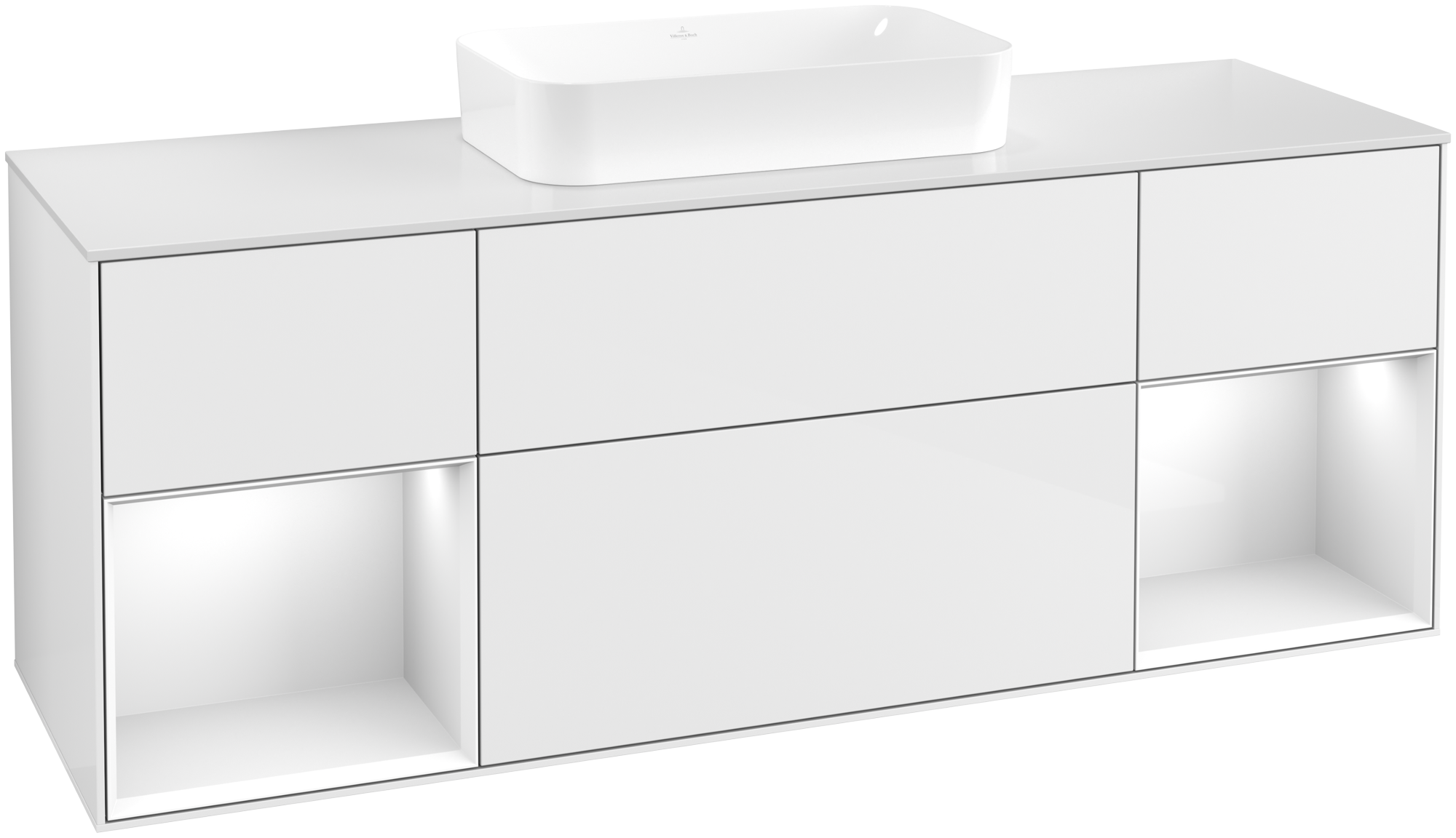 Villeroy & Boch Finion Waschbeckenunterschrank, mit Beleuchtung, 4 Auszüge, 1600x603x501mm, Korpus: Glossy White Lacquer, Front: Glossy White Lacquer, Regalelement: Glossy White Lacquer, Abdeckplatte: Glass White Matt