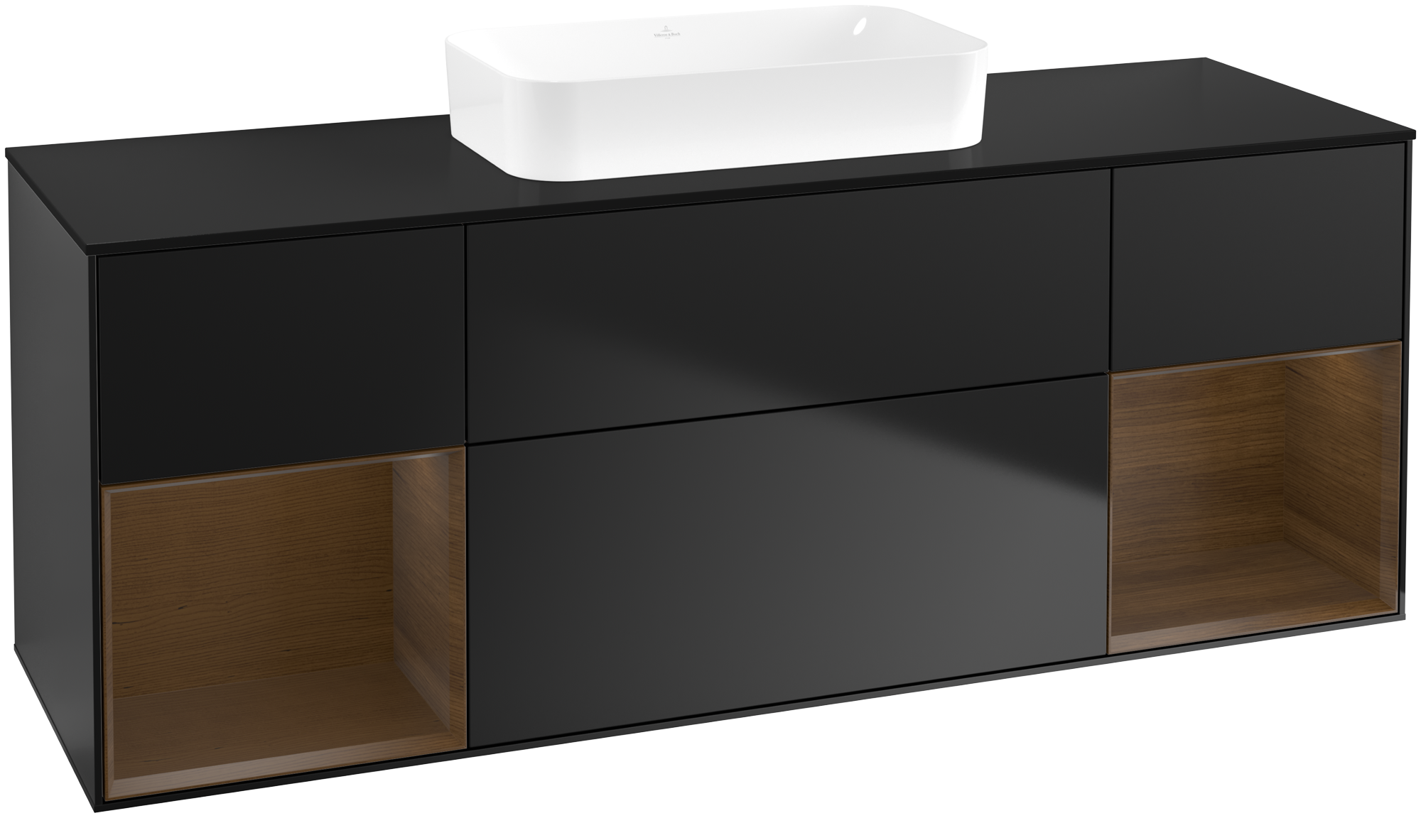 Villeroy & Boch Finion Meuble sous plan, avec éclairage, 4 tiroirs sur rails, 1600x603x501mm, Caisson: Black Matt Lacquer, Façade: Black Matt Lacquer, Élément d’étagère: Walnut Veneer, Plaque de recouvrement: Glass Black Matt