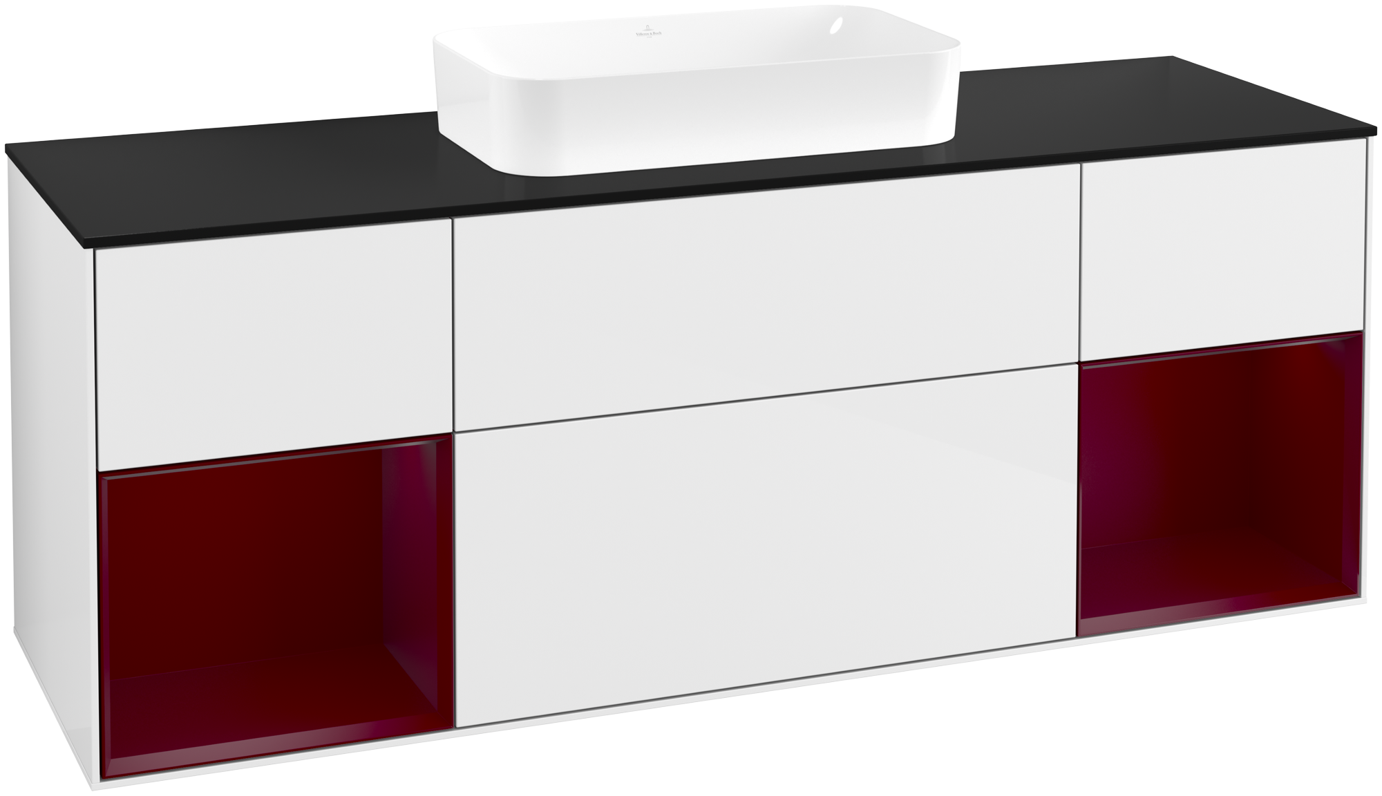 Villeroy & Boch Finion Meuble sous plan, avec éclairage, 4 tiroirs sur rails, 1600x603x501mm, Caisson: Glossy White Lacquer, Façade: Glossy White Lacquer, Élément d’étagère: Peony Matt Lacquer, Plaque de recouvrement: Glass Black Matt