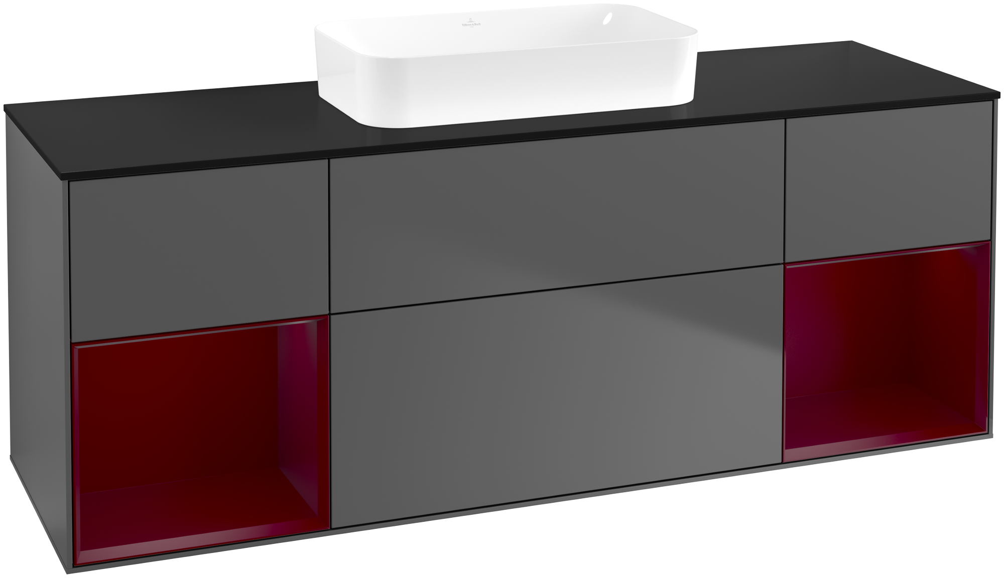 Villeroy & Boch Finion Meuble sous plan, avec éclairage, 4 tiroirs sur rails, 1600x603x501mm, Caisson: Anthracite Matt Lacquer, Façade: Anthracite Matt Lacquer, Élément d’étagère: Peony Matt Lacquer, Plaque de recouvrement: Glass Black Matt