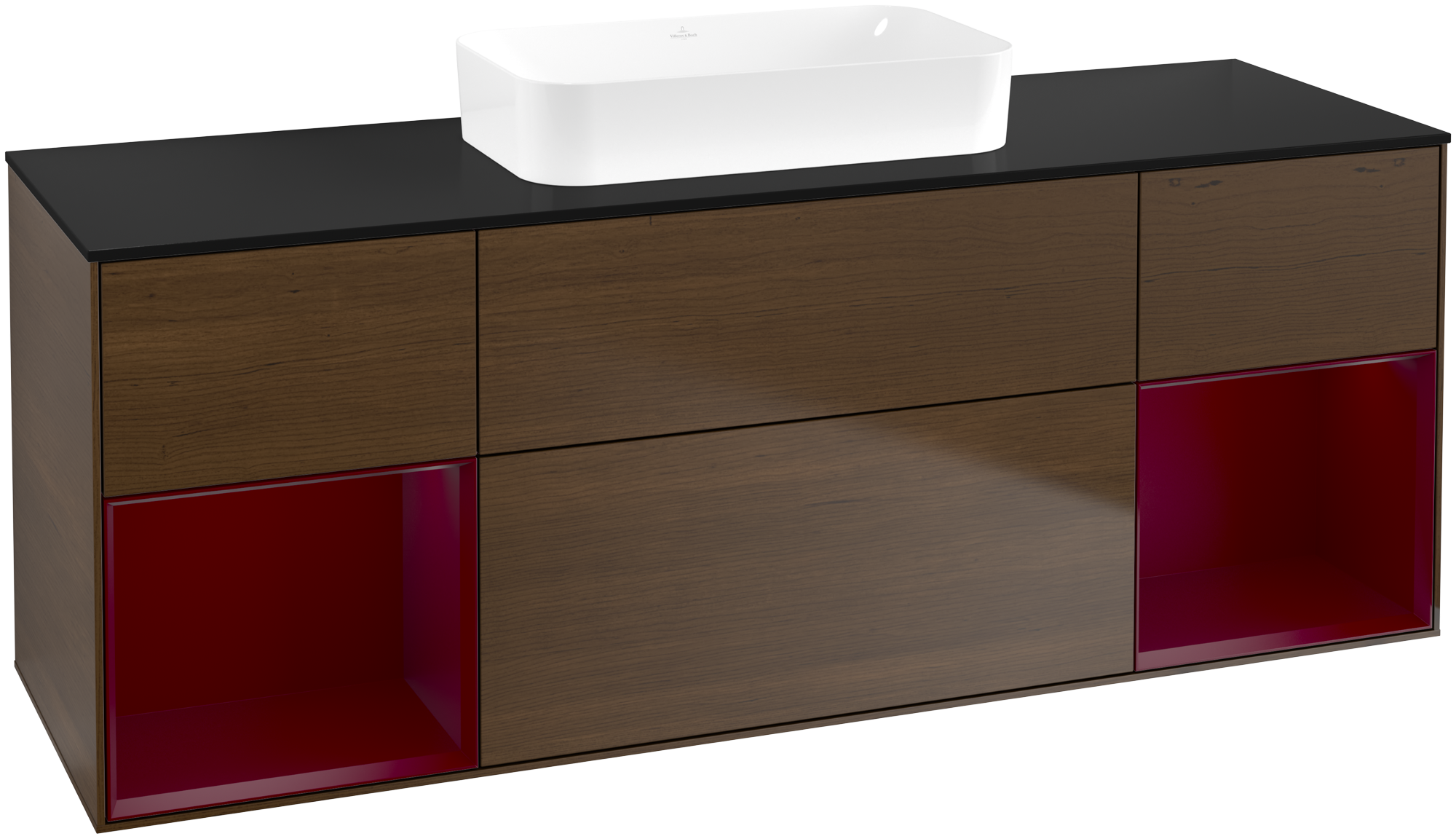 Villeroy & Boch Finion Meuble sous plan, avec éclairage, 4 tiroirs sur rails, 1600x603x501mm, Caisson: Walnut Veneer, Façade: Walnut Veneer, Élément d’étagère: Peony Matt Lacquer, Plaque de recouvrement: Glass Black Matt