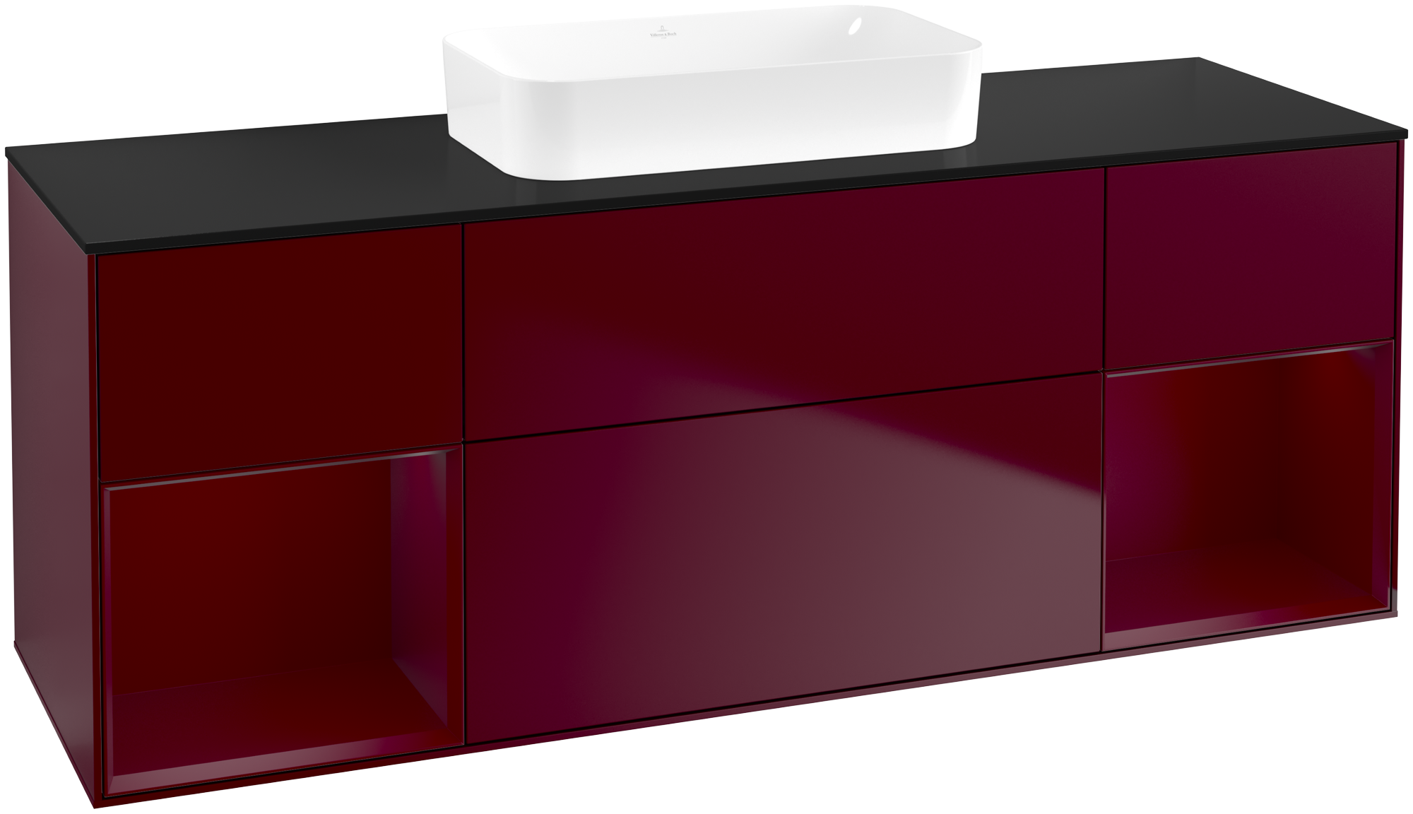 Villeroy & Boch Finion Meuble sous plan, avec éclairage, 4 tiroirs sur rails, 1600x603x501mm, Caisson: Peony Matt Lacquer, Façade: Peony Matt Lacquer, Élément d’étagère: Peony Matt Lacquer, Plaque de recouvrement: Glass Black Matt