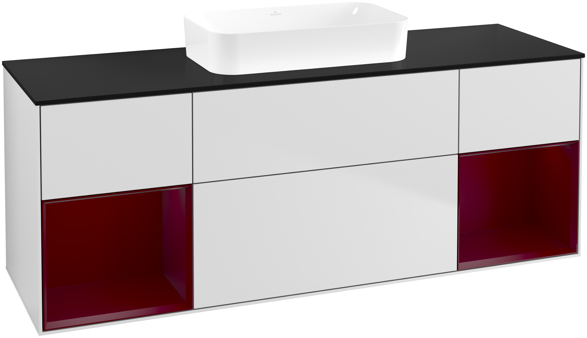 Villeroy & Boch Finion Meuble sous plan, avec éclairage, 4 tiroirs sur rails, 1600x603x501mm, Caisson: White Matt Lacquer, Façade: White Matt Lacquer, Élément d’étagère: Peony Matt Lacquer, Plaque de recouvrement: Glass Black Matt
