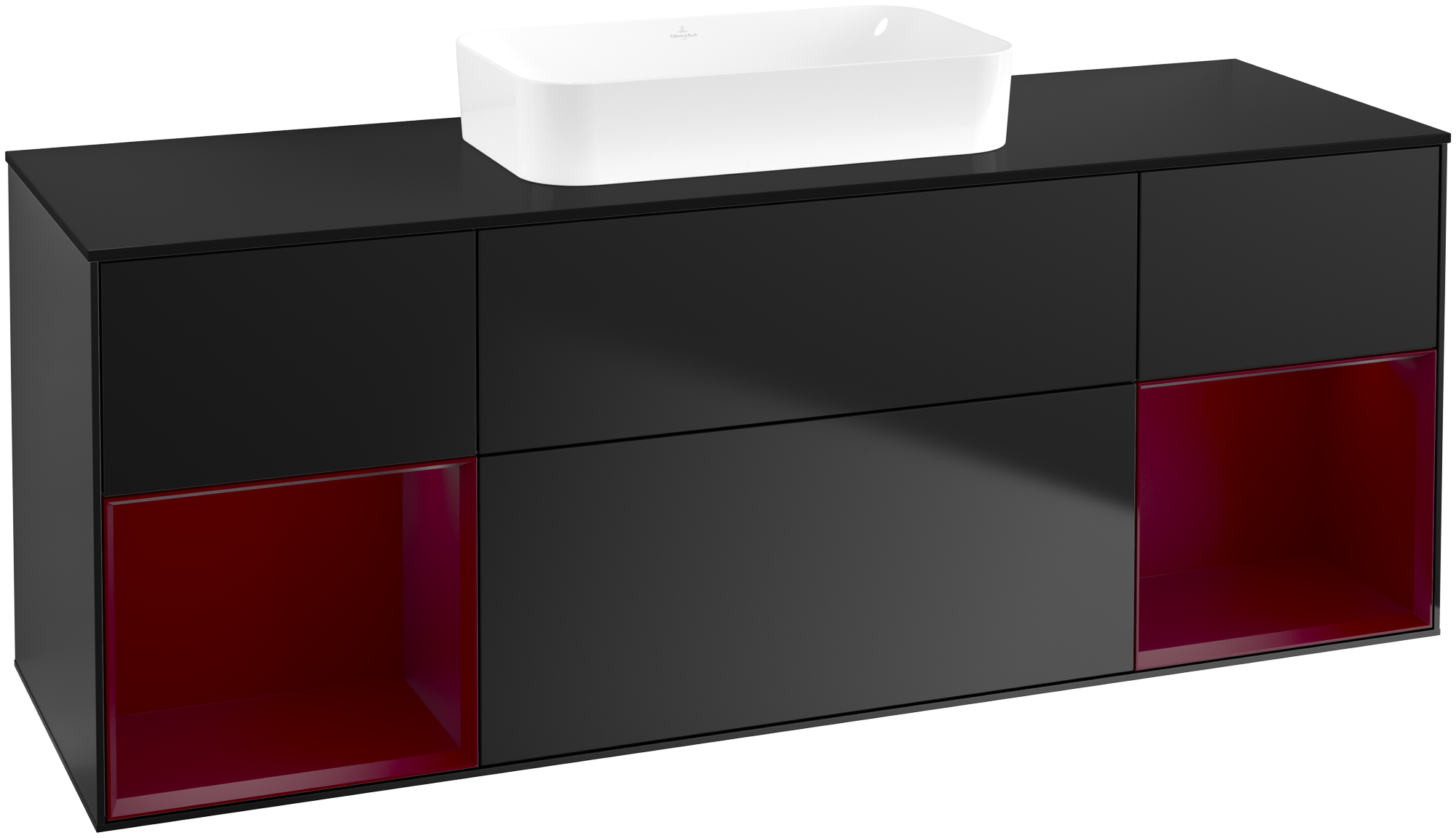 Villeroy & Boch Finion Meuble sous plan, avec éclairage, 4 tiroirs sur rails, 1600x603x501mm, Caisson: Black Matt Lacquer, Façade: Black Matt Lacquer, Élément d’étagère: Peony Matt Lacquer, Plaque de recouvrement: Glass Black Matt