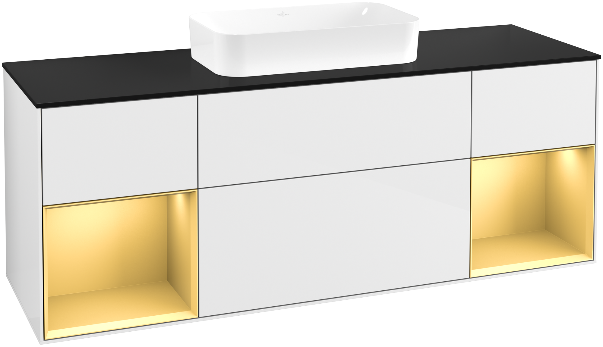 Villeroy & Boch Finion Meuble sous plan, avec éclairage, 4 tiroirs sur rails, 1600x603x501mm, Caisson: Glossy White Lacquer, Façade: Glossy White Lacquer, Élément d’étagère: Gold Matt Lacquer, Plaque de recouvrement: Glass Black Matt