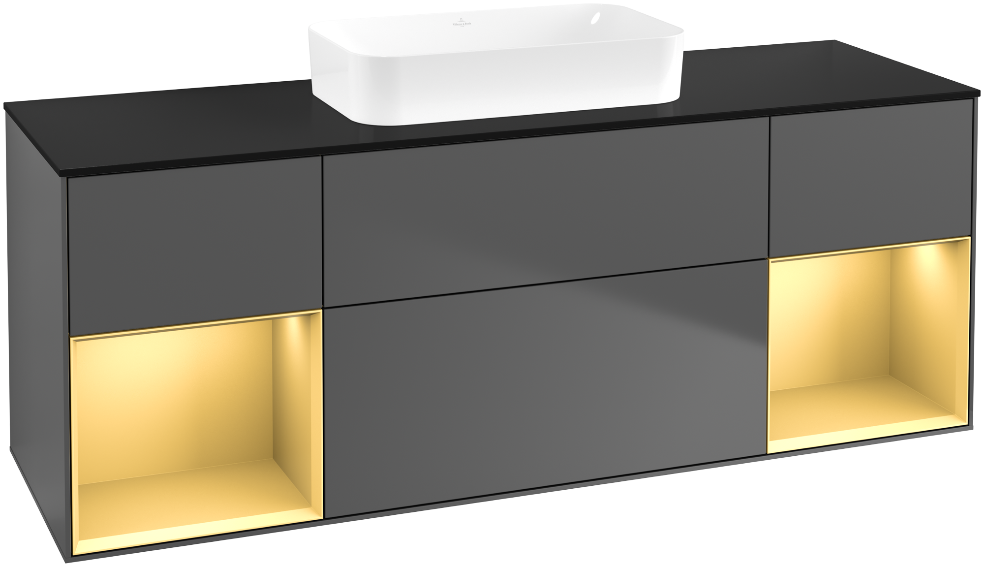 Villeroy & Boch Finion Meuble sous plan, avec éclairage, 4 tiroirs sur rails, 1600x603x501mm, Caisson: Anthracite Matt Lacquer, Façade: Anthracite Matt Lacquer, Élément d’étagère: Gold Matt Lacquer, Plaque de recouvrement: Glass Black Matt