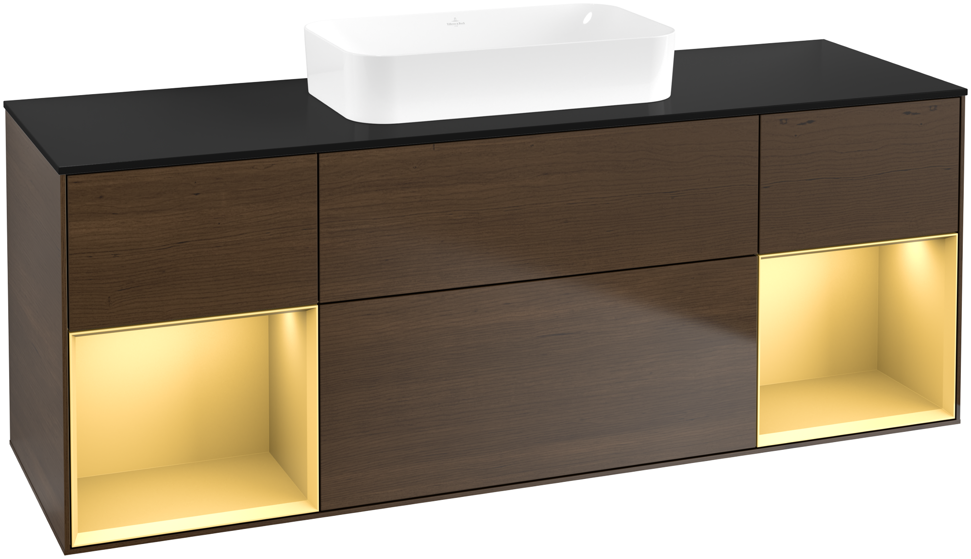 Villeroy & Boch Finion Meuble sous plan, avec éclairage, 4 tiroirs sur rails, 1600x603x501mm, Caisson: Walnut Veneer, Façade: Walnut Veneer, Élément d’étagère: Gold Matt Lacquer, Plaque de recouvrement: Glass Black Matt