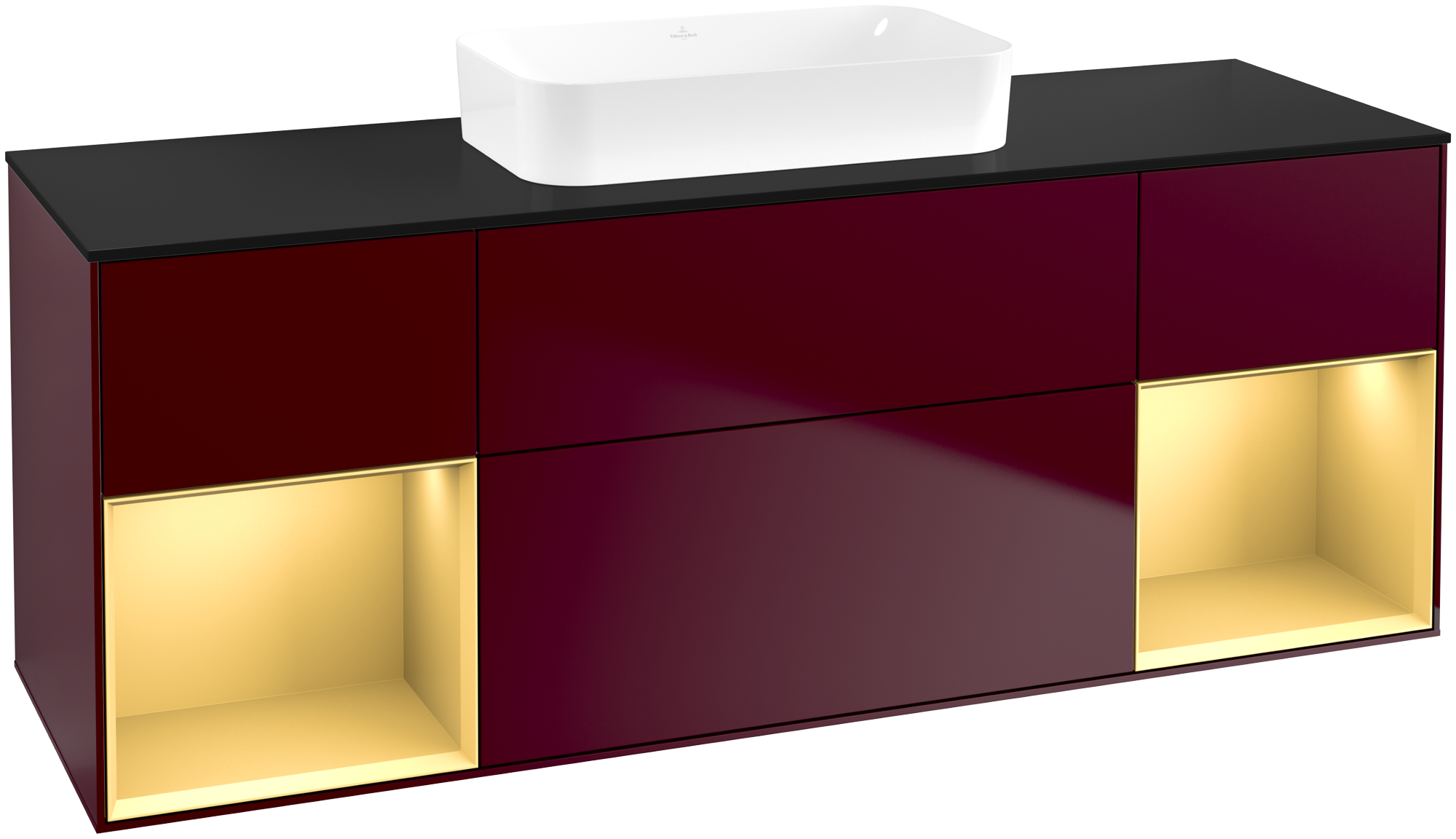 Villeroy & Boch Finion Meuble sous plan, avec éclairage, 4 tiroirs sur rails, 1600x603x501mm, Caisson: Peony Matt Lacquer, Façade: Peony Matt Lacquer, Élément d’étagère: Gold Matt Lacquer, Plaque de recouvrement: Glass Black Matt