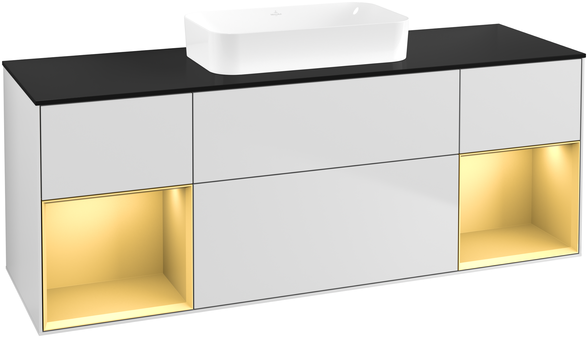 Villeroy & Boch Finion Meuble sous plan, avec éclairage, 4 tiroirs sur rails, 1600x603x501mm, Caisson: White Matt Lacquer, Façade: White Matt Lacquer, Élément d’étagère: Gold Matt Lacquer, Plaque de recouvrement: Glass Black Matt