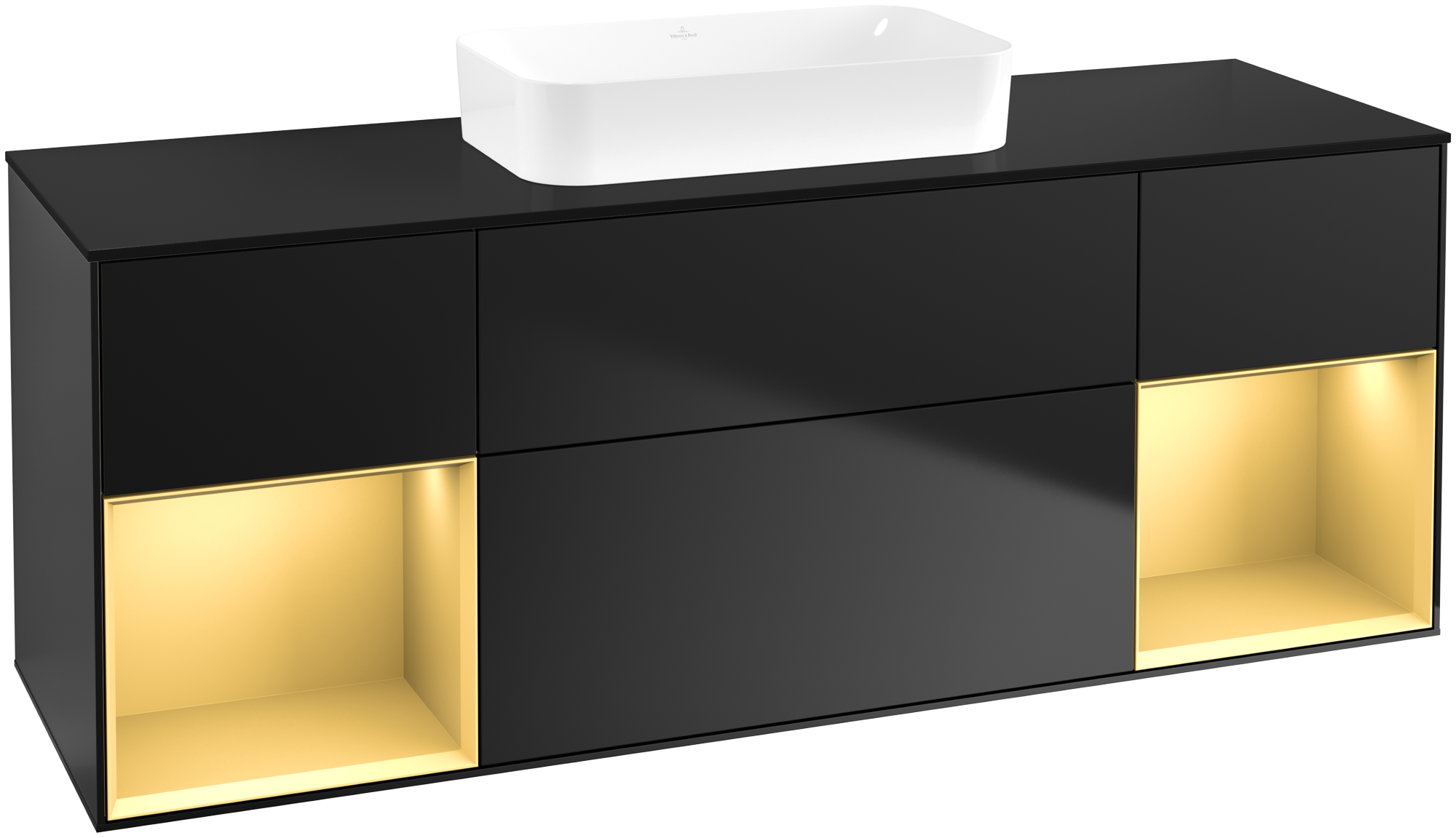 Villeroy & Boch Finion Meuble sous plan, avec éclairage, 4 tiroirs sur rails, 1600x603x501mm, Caisson: Black Matt Lacquer, Façade: Black Matt Lacquer, Élément d’étagère: Gold Matt Lacquer, Plaque de recouvrement: Glass Black Matt