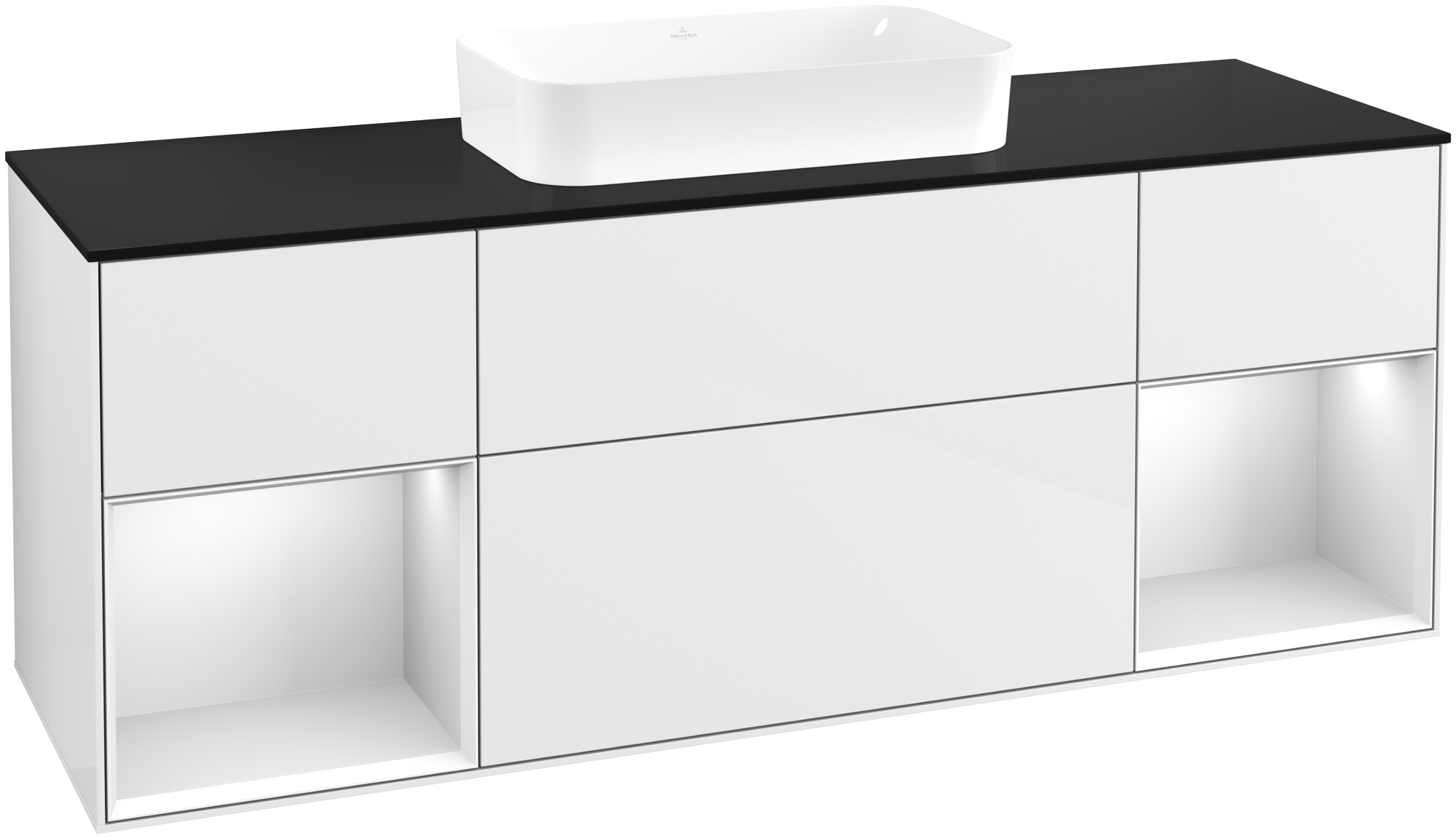 Villeroy & Boch Finion Meuble sous plan, avec éclairage, 4 tiroirs sur rails, 1600x603x501mm, Caisson: Glossy White Lacquer, Façade: Glossy White Lacquer, Élément d’étagère: White Matt Lacquer, Plaque de recouvrement: Glass Black Matt