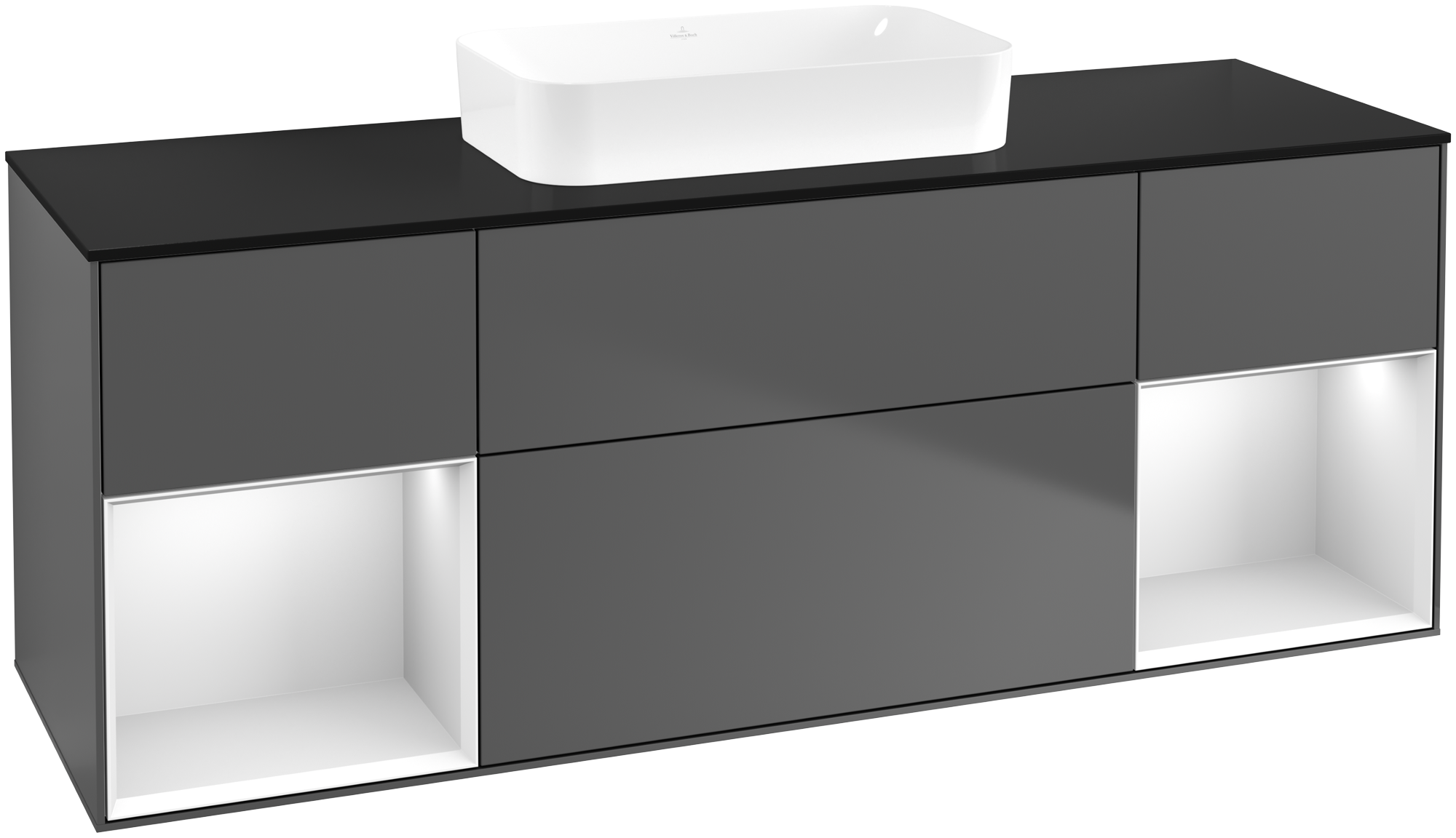 Villeroy & Boch Finion Meuble sous plan, avec éclairage, 4 tiroirs sur rails, 1600x603x501mm, Caisson: Anthracite Matt Lacquer, Façade: Anthracite Matt Lacquer, Élément d’étagère: White Matt Lacquer, Plaque de recouvrement: Glass Black Matt