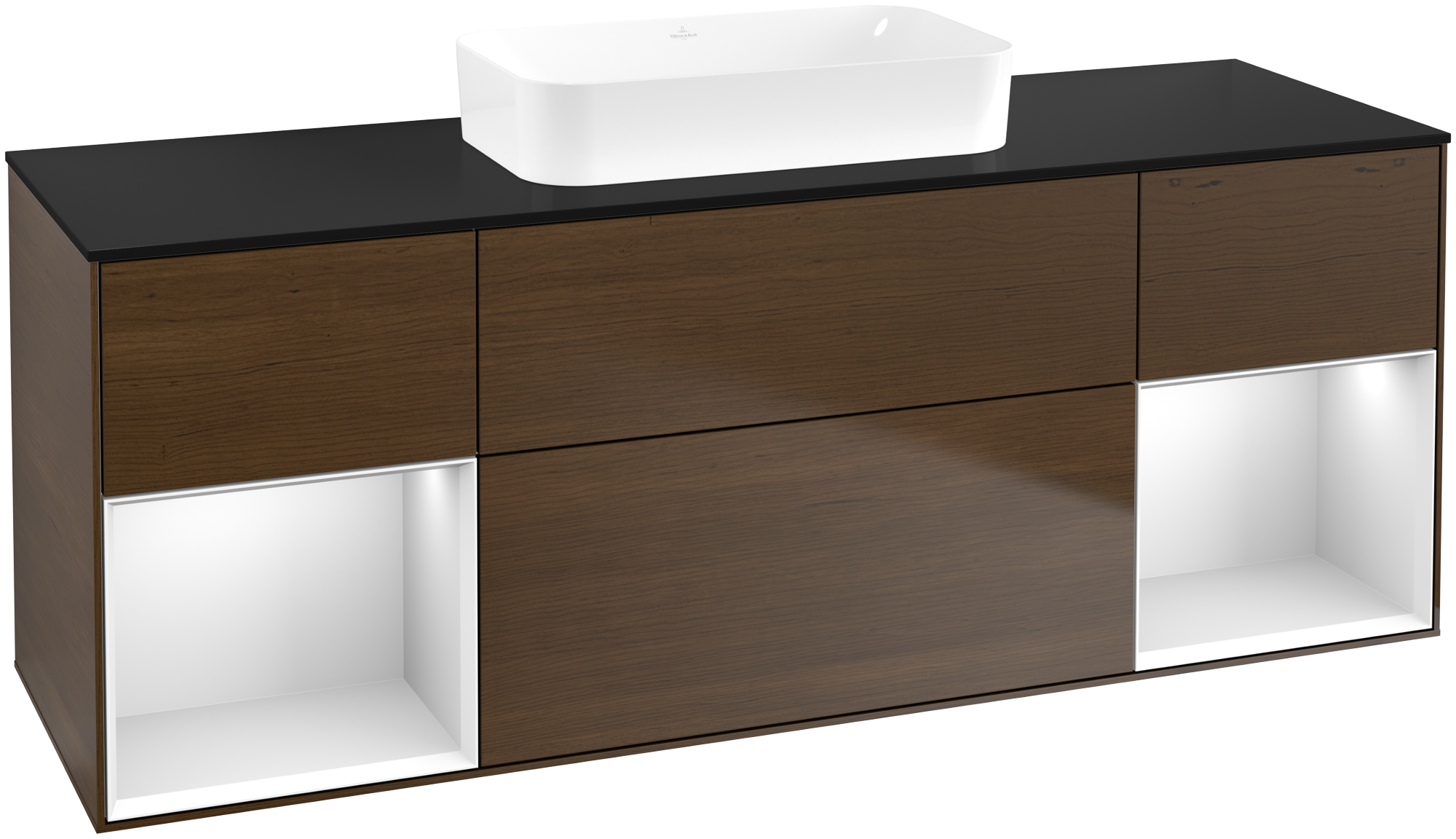 Villeroy & Boch Finion Meuble sous plan, avec éclairage, 4 tiroirs sur rails, 1600x603x501mm, Caisson: Walnut Veneer, Façade: Walnut Veneer, Élément d’étagère: White Matt Lacquer, Plaque de recouvrement: Glass Black Matt
