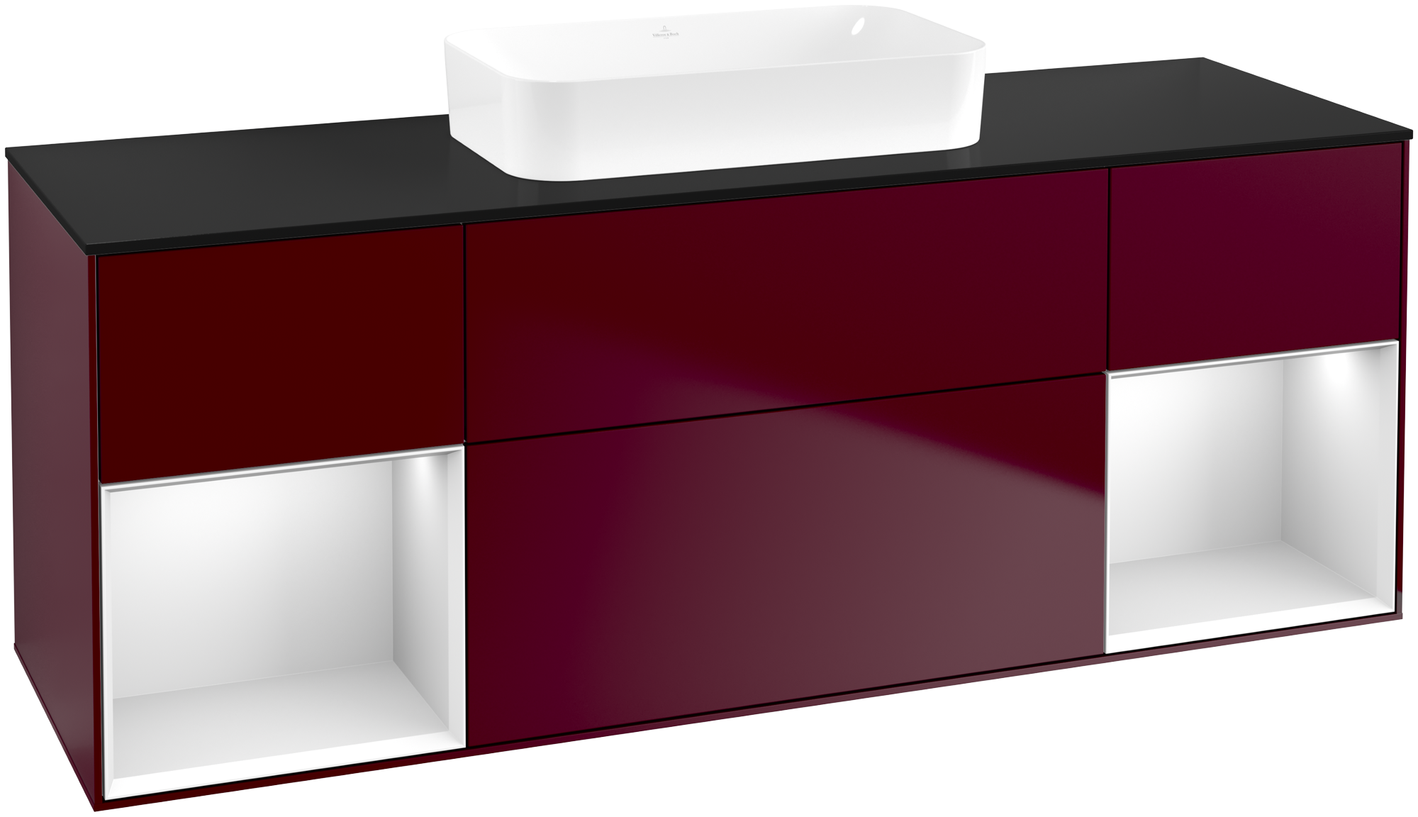 Villeroy & Boch Finion Meuble sous plan, avec éclairage, 4 tiroirs sur rails, 1600x603x501mm, Caisson: Peony Matt Lacquer, Façade: Peony Matt Lacquer, Élément d’étagère: White Matt Lacquer, Plaque de recouvrement: Glass Black Matt