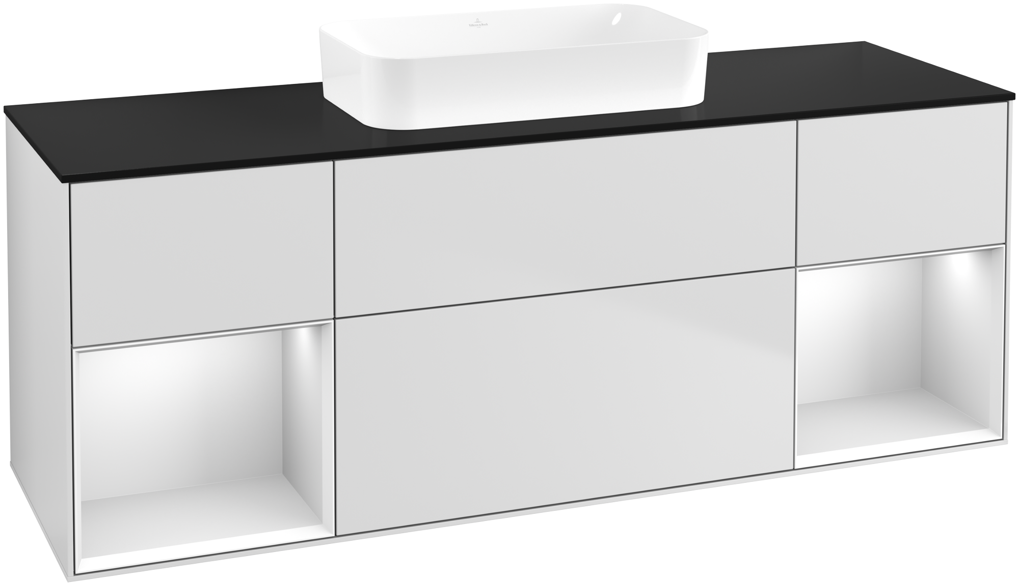 Villeroy & Boch Finion Meuble sous plan, avec éclairage, 4 tiroirs sur rails, 1600x603x501mm, Caisson: White Matt Lacquer, Façade: White Matt Lacquer, Élément d’étagère: White Matt Lacquer, Plaque de recouvrement: Glass Black Matt