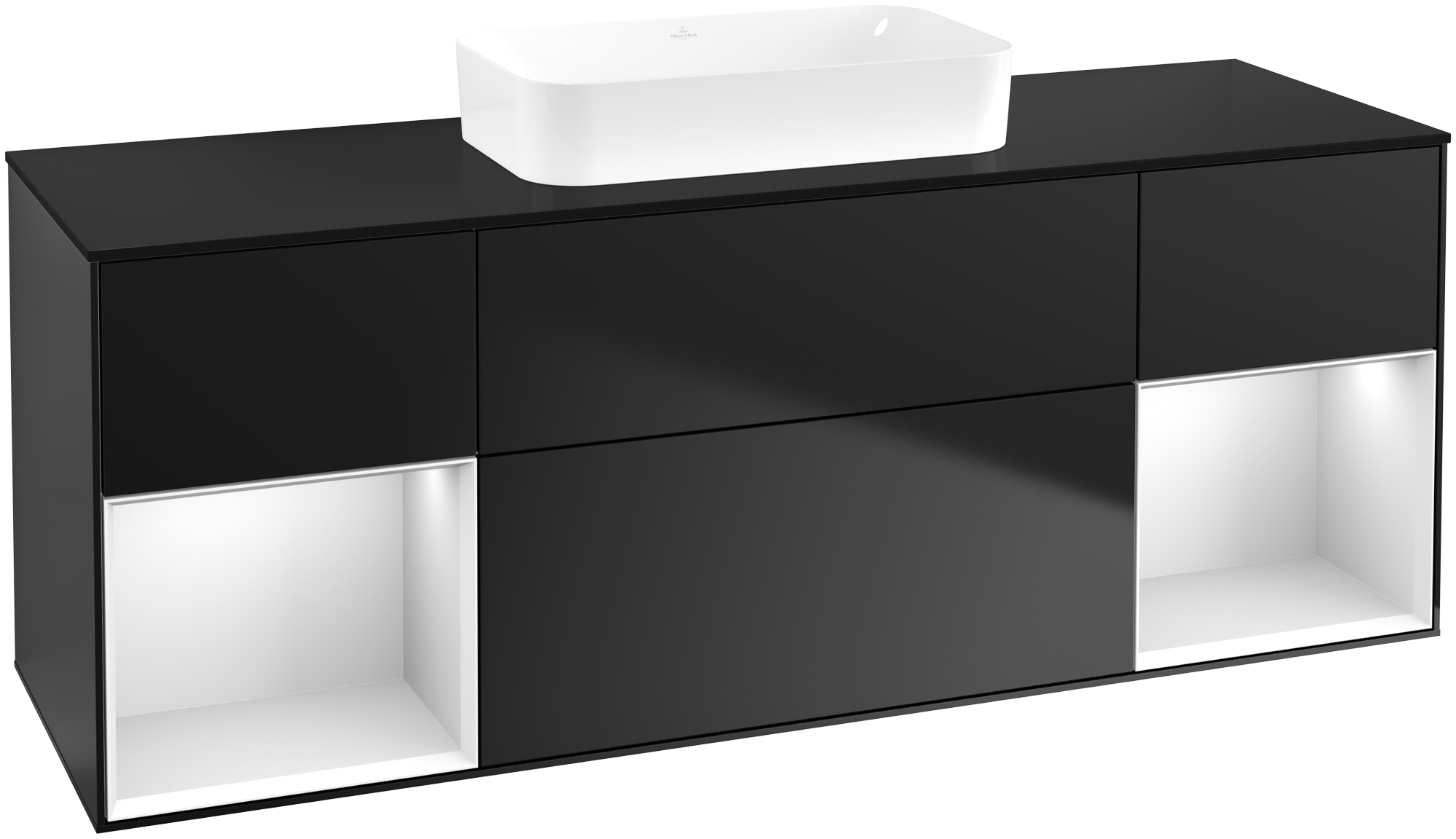Villeroy & Boch Finion Meuble sous plan, avec éclairage, 4 tiroirs sur rails, 1600x603x501mm, Caisson: Black Matt Lacquer, Façade: Black Matt Lacquer, Élément d’étagère: White Matt Lacquer, Plaque de recouvrement: Glass Black Matt