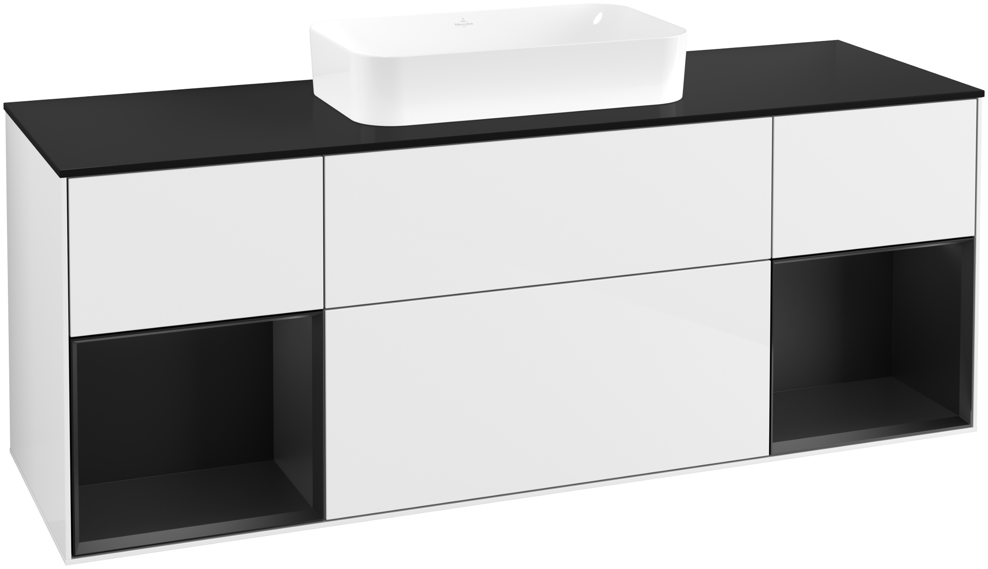 Villeroy & Boch Finion Meuble sous plan, avec éclairage, 4 tiroirs sur rails, 1600x603x501mm, Caisson: Glossy White Lacquer, Façade: Glossy White Lacquer, Élément d’étagère: Black Matt Lacquer, Plaque de recouvrement: Glass Black Matt