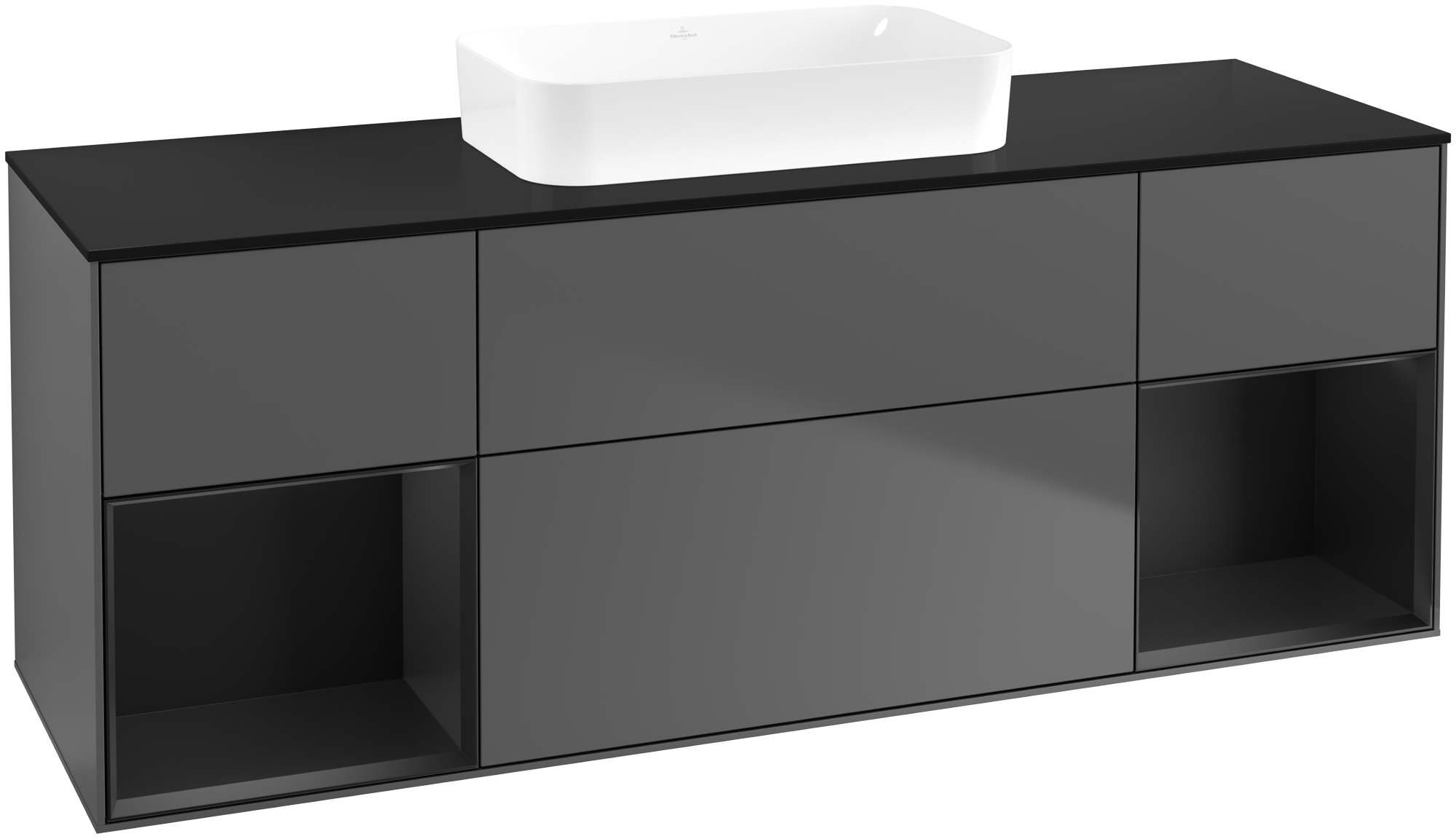 Villeroy & Boch Finion Meuble sous plan, avec éclairage, 4 tiroirs sur rails, 1600x603x501mm, Caisson: Anthracite Matt Lacquer, Façade: Anthracite Matt Lacquer, Élément d’étagère: Black Matt Lacquer, Plaque de recouvrement: Glass Black Matt