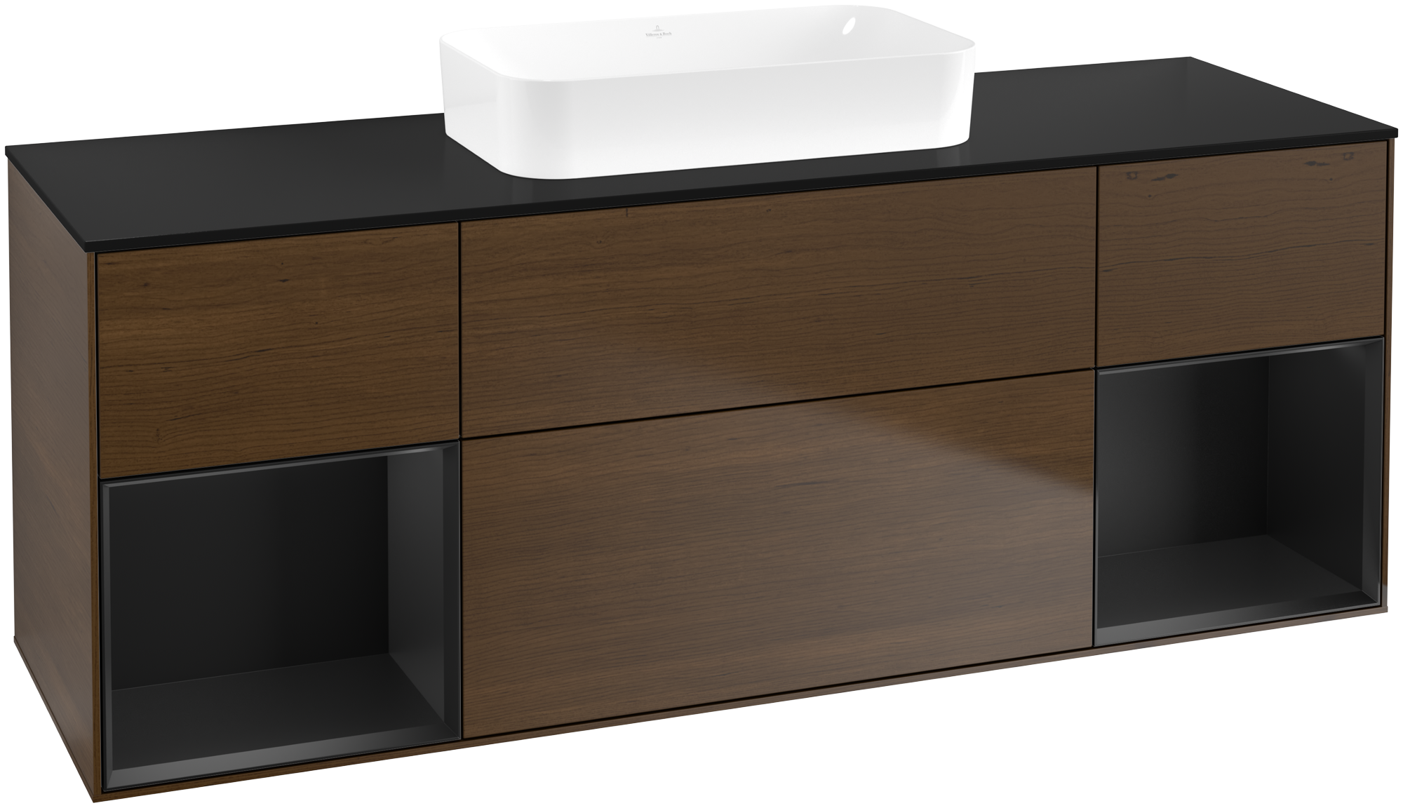Villeroy & Boch Finion Meuble sous plan, avec éclairage, 4 tiroirs sur rails, 1600x603x501mm, Caisson: Walnut Veneer, Façade: Walnut Veneer, Élément d’étagère: Black Matt Lacquer, Plaque de recouvrement: Glass Black Matt