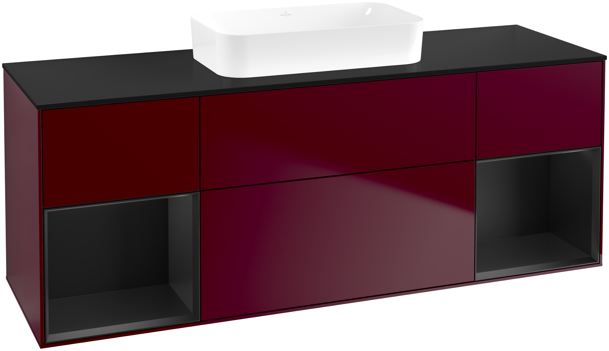 Villeroy & Boch Finion Meuble sous plan, avec éclairage, 4 tiroirs sur rails, 1600x603x501mm, Caisson: Peony Matt Lacquer, Façade: Peony Matt Lacquer, Élément d’étagère: Black Matt Lacquer, Plaque de recouvrement: Glass Black Matt