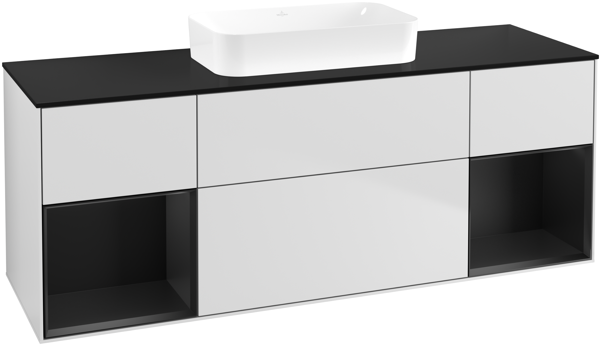 Villeroy & Boch Finion Meuble sous plan, avec éclairage, 4 tiroirs sur rails, 1600x603x501mm, Caisson: White Matt Lacquer, Façade: White Matt Lacquer, Élément d’étagère: Black Matt Lacquer, Plaque de recouvrement: Glass Black Matt