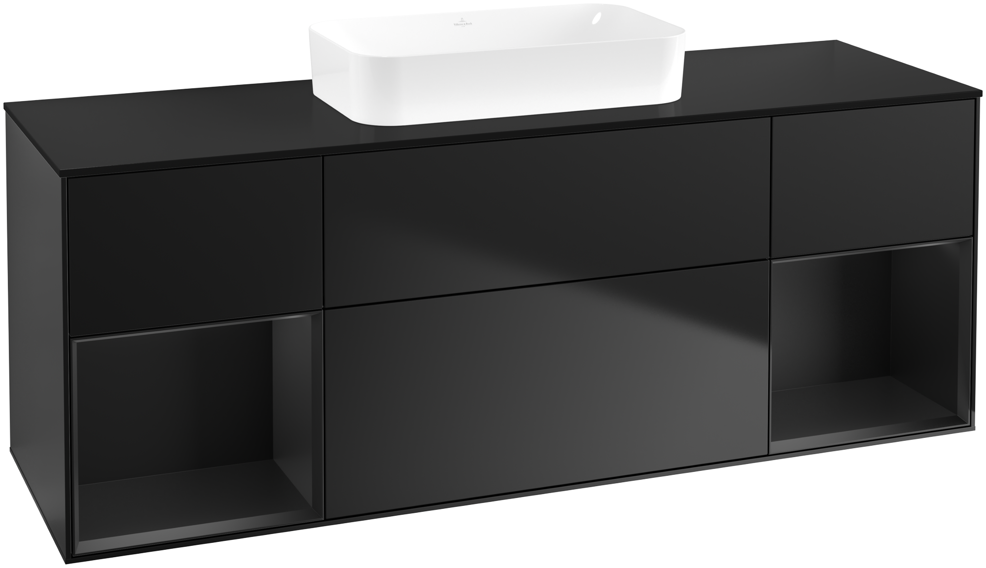 Villeroy & Boch Finion Meuble sous plan, avec éclairage, 4 tiroirs sur rails, 1600x603x501mm, Caisson: Black Matt Lacquer, Façade: Black Matt Lacquer, Élément d’étagère: Black Matt Lacquer, Plaque de recouvrement: Glass Black Matt
