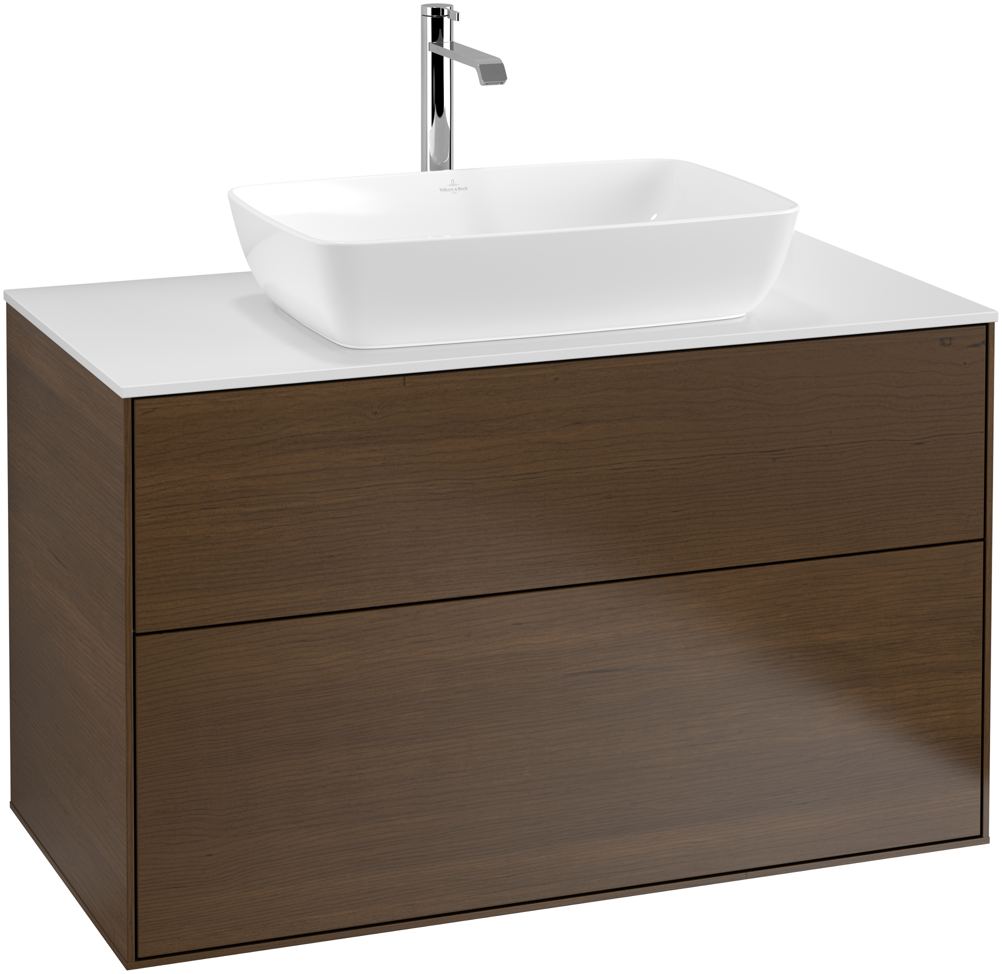 Villeroy & Boch Finion Vanity unit, 2 pull-out compartments, 1000x603x501mm, Body: Walnut Veneer, Front: Walnut Veneer, Cover plate: Glass White Matt