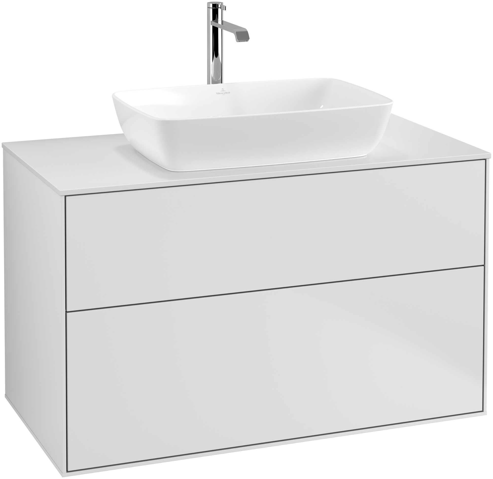 Villeroy & Boch Finion Waschbeckenunterschrank, 2 Auszüge, 1000x603x501mm, Korpus: White Matt Lacquer, Front: White Matt Lacquer, Abdeckplatte: Glass White Matt