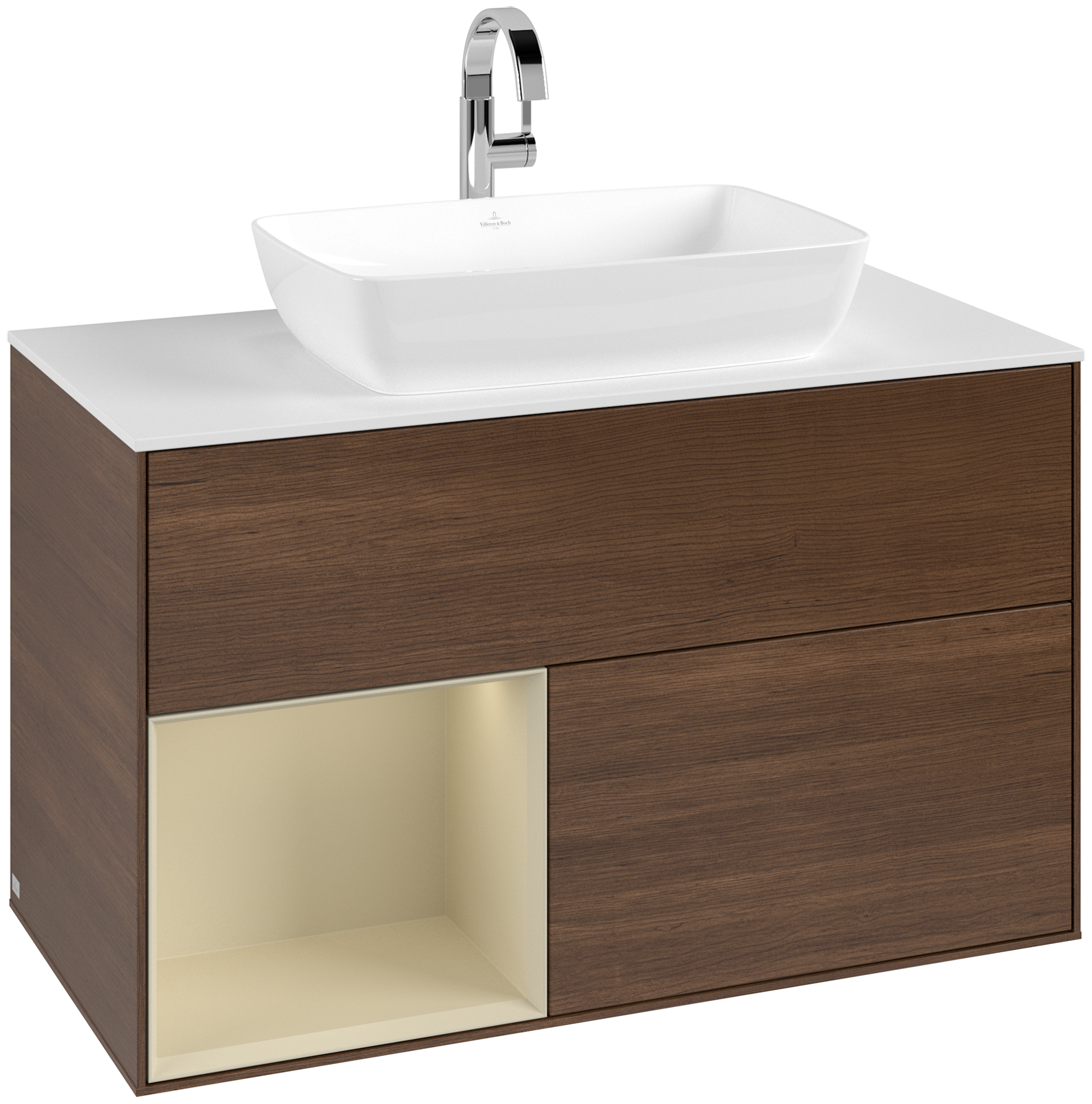 Villeroy & Boch Finion Waschbeckenunterschrank, mit Beleuchtung, 2 Auszüge, 1000x603x501mm, Korpus: Walnut Veneer, Front: Walnut Veneer, Regalelement: Silk Grey Matt Lacquer, Abdeckplatte: Glass White Matt