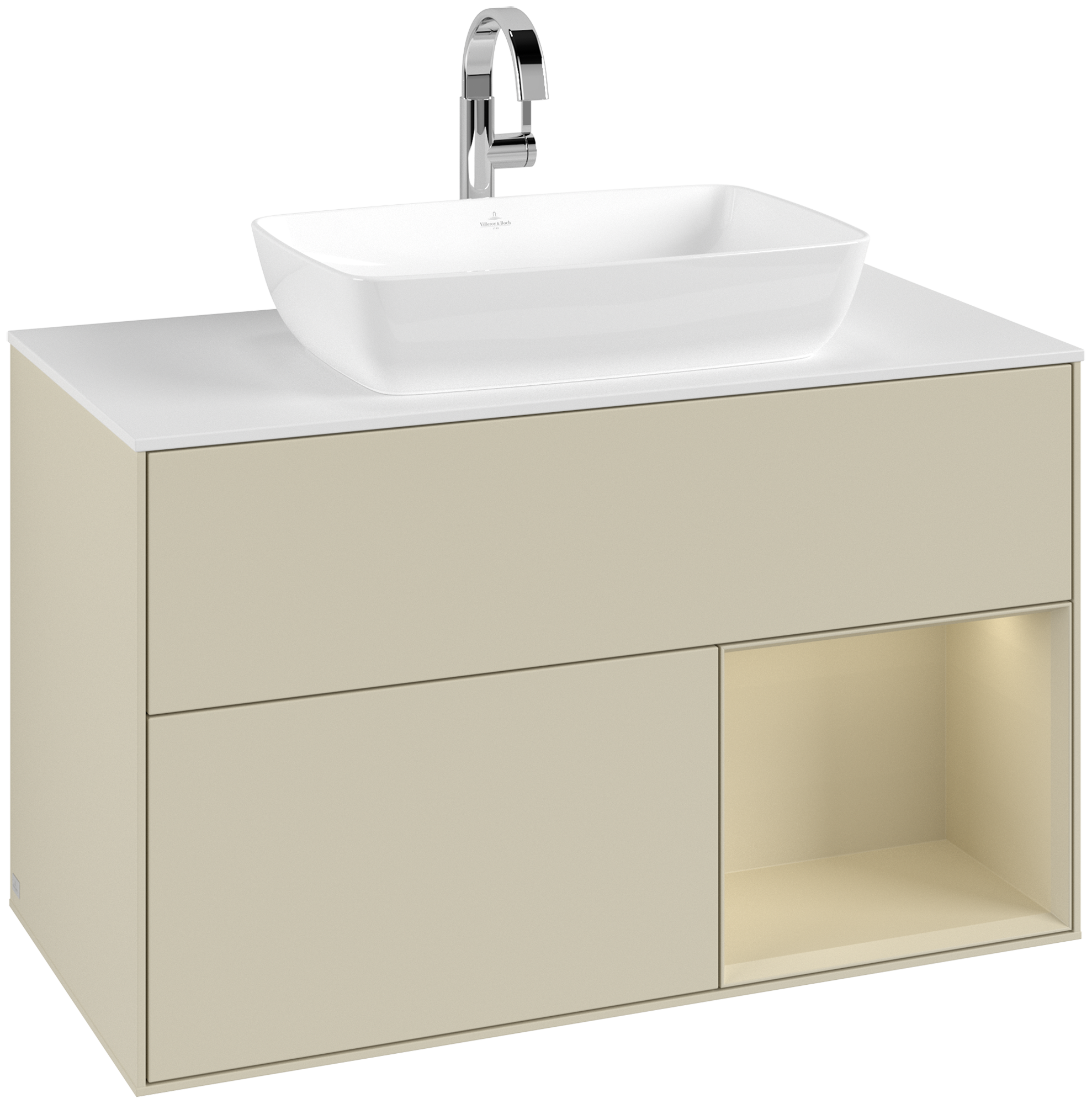 Villeroy & Boch Finion Waschbeckenunterschrank, mit Beleuchtung, 2 Auszüge, 1000x603x501mm, Korpus: Silk Grey Matt Lacquer, Front: Silk Grey Matt Lacquer, Regalelement: Silk Grey Matt Lacquer, Abdeckplatte: Glass White Matt